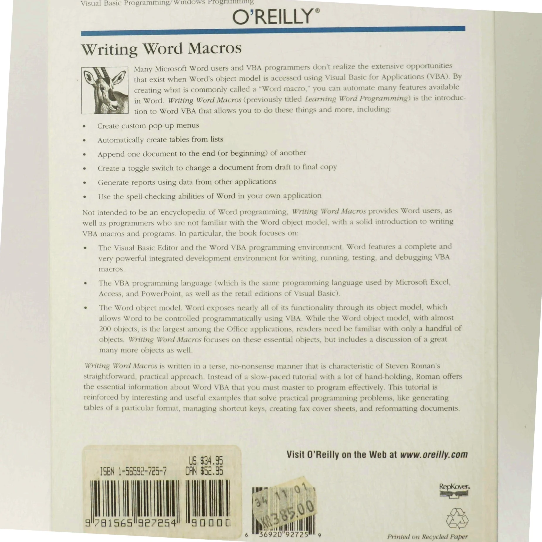 Writing Word Macros af Steven Roman (Bog)
