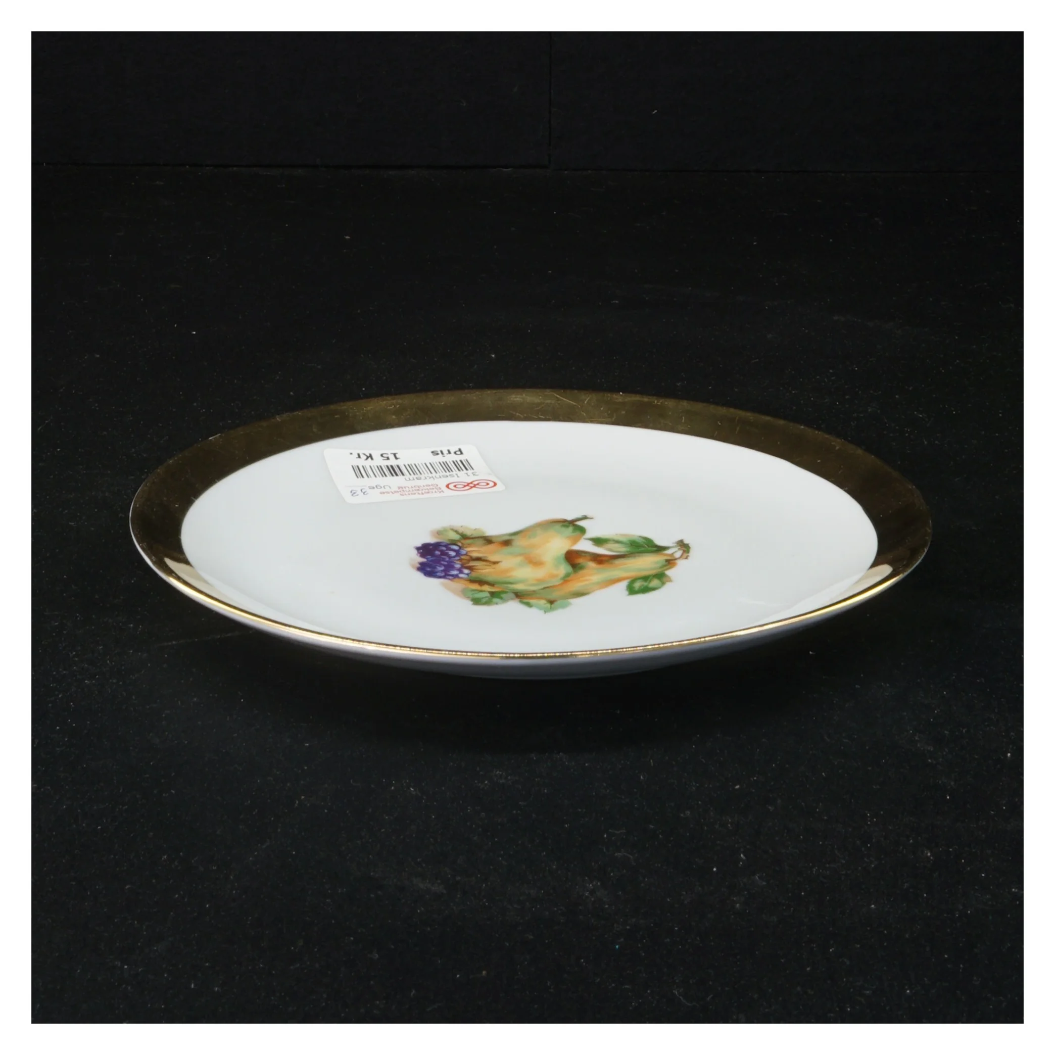 Porcelænstallerken med guldkant og fuglemotiv (str. 17 x 17 cm)