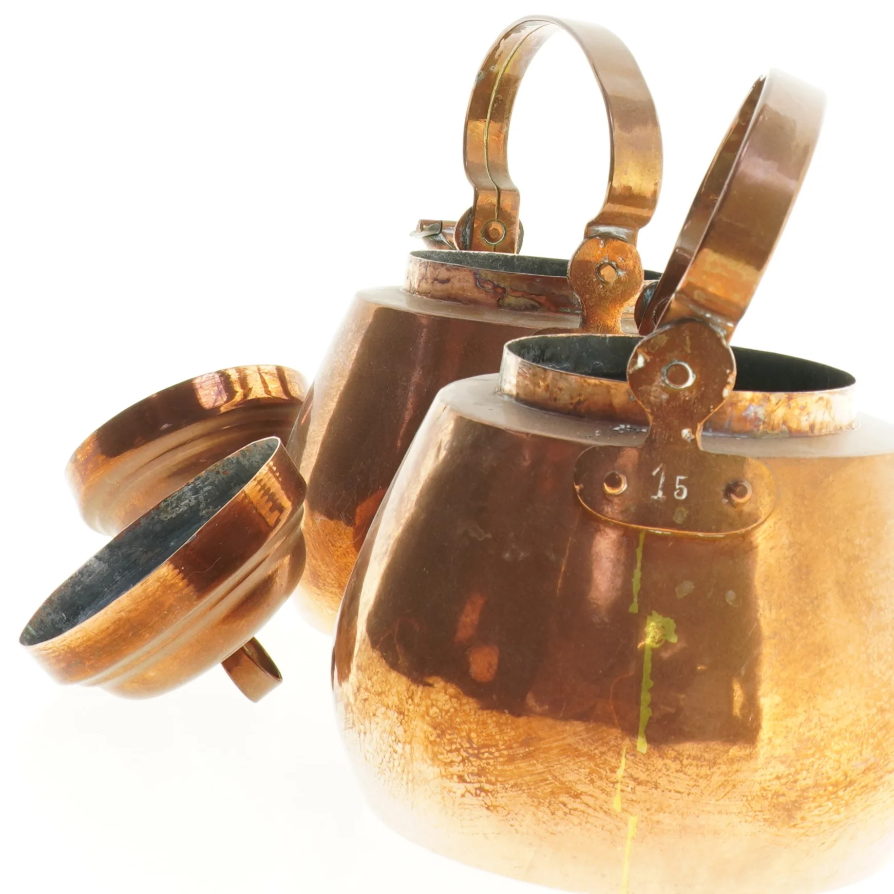 Antik kobbertekedel, 2 stk (str. 19 x 19 x 15 cm)