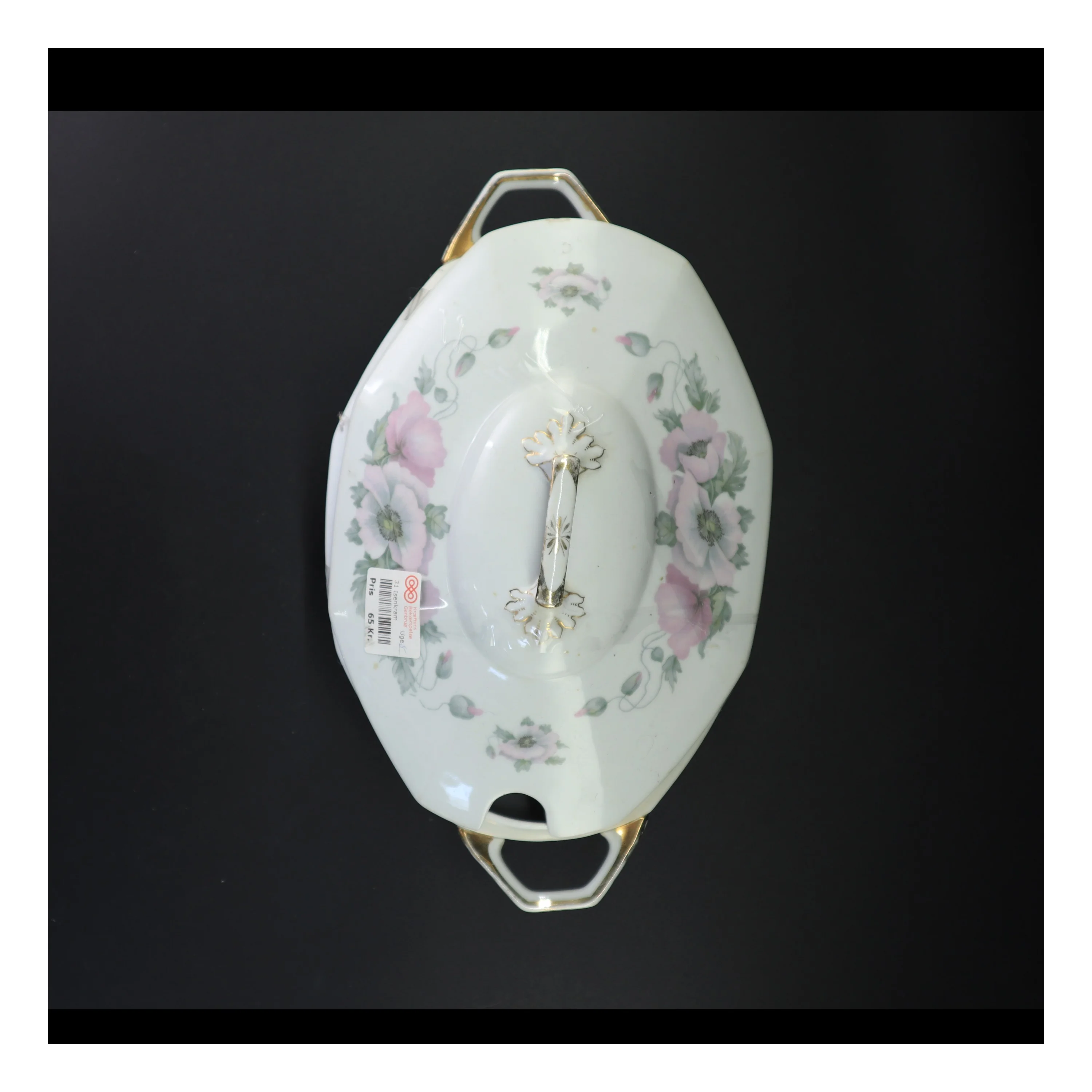 Floral porcelæn serveringsskål med låg (str. 34 x 20 cm)