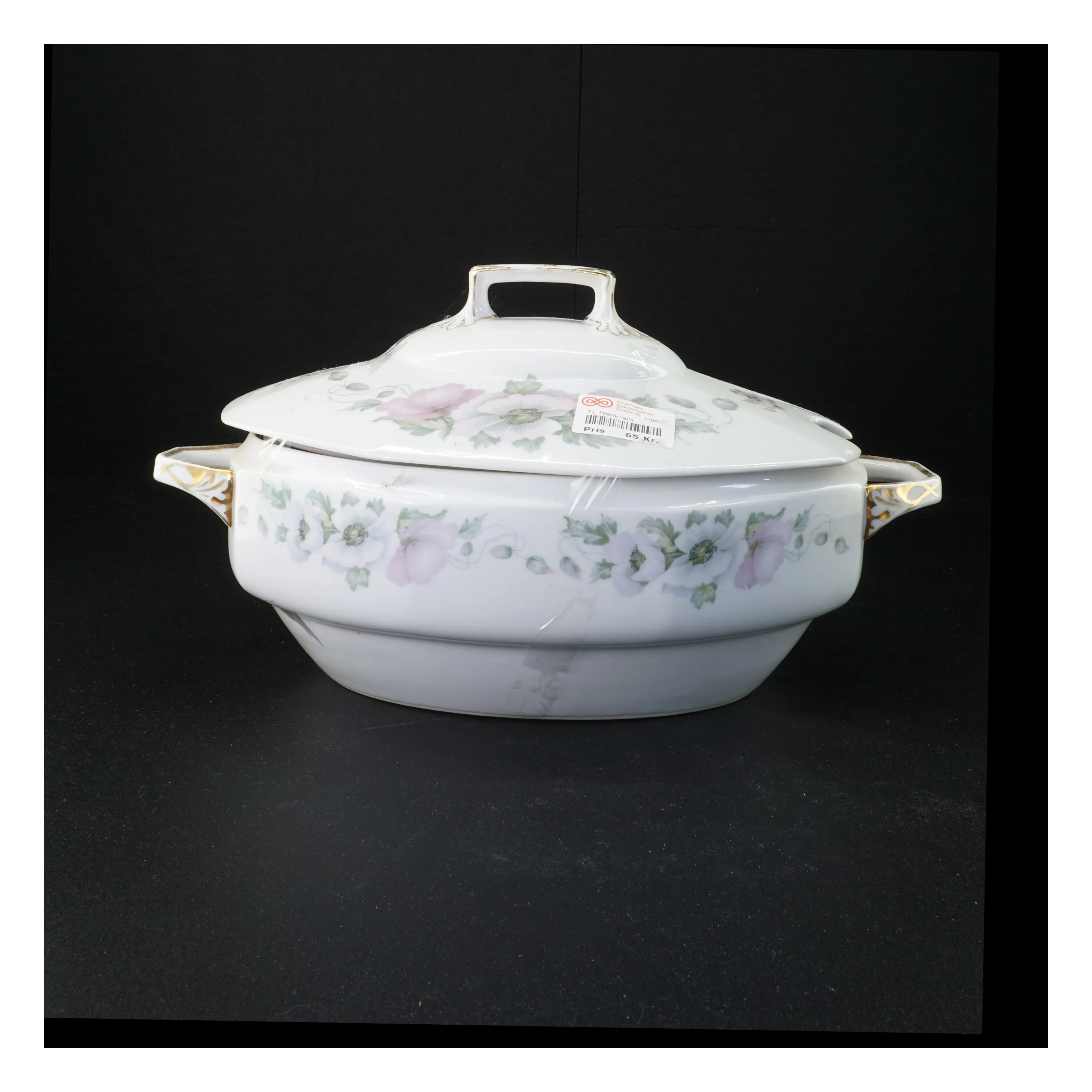 Floral porcelæn serveringsskål med låg (str. 34 x 20 cm)