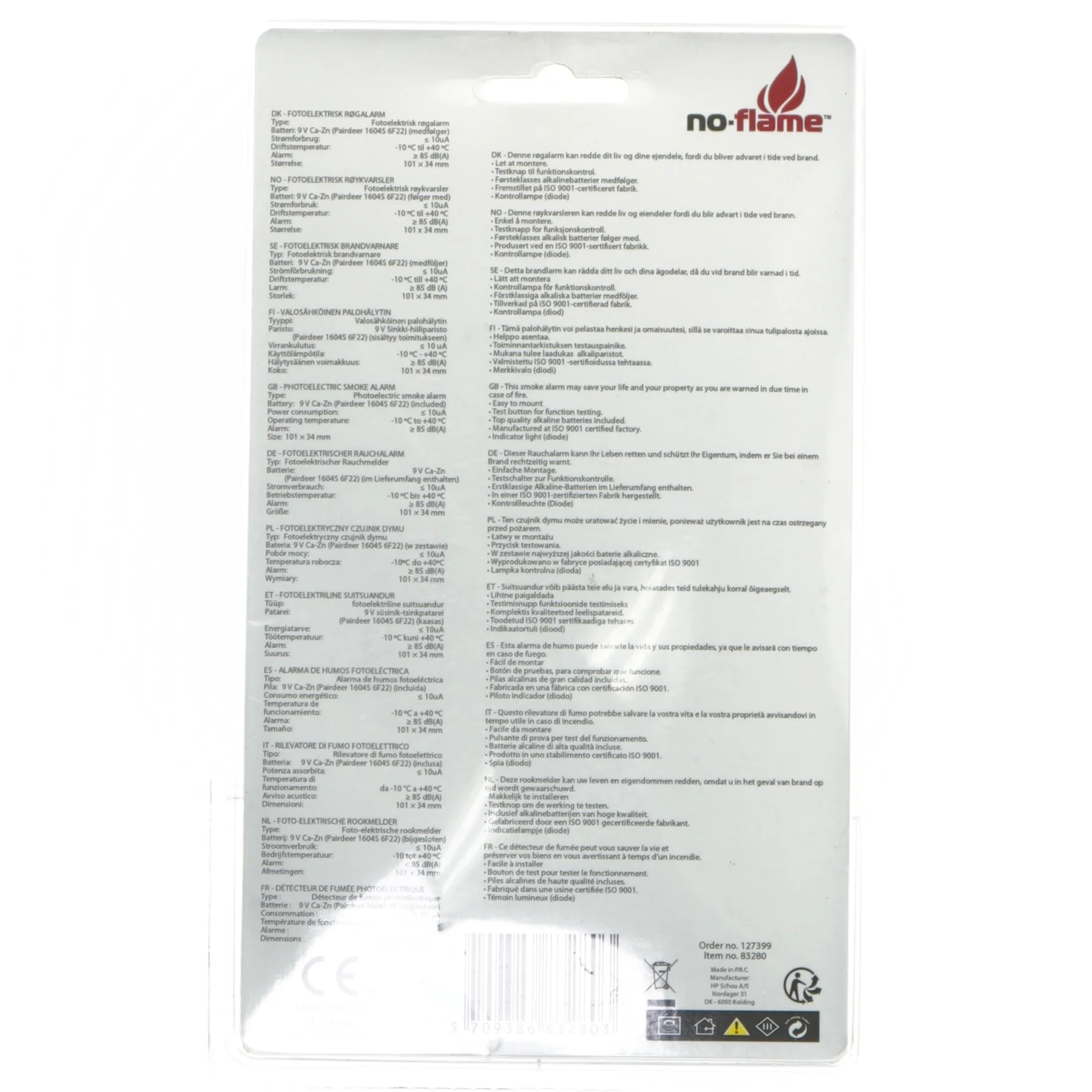 Fotoelektrisk røgalarm fra No-Flame (str. 101x34 mm)