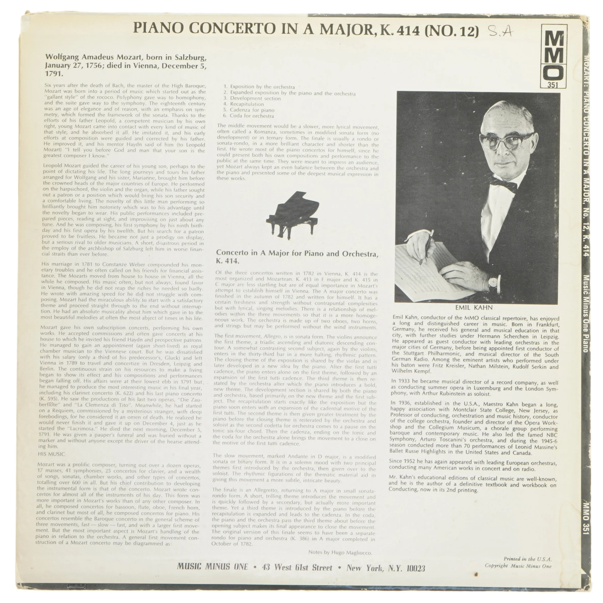 Mozart Piano Concerto in A Major MMO Vinyl