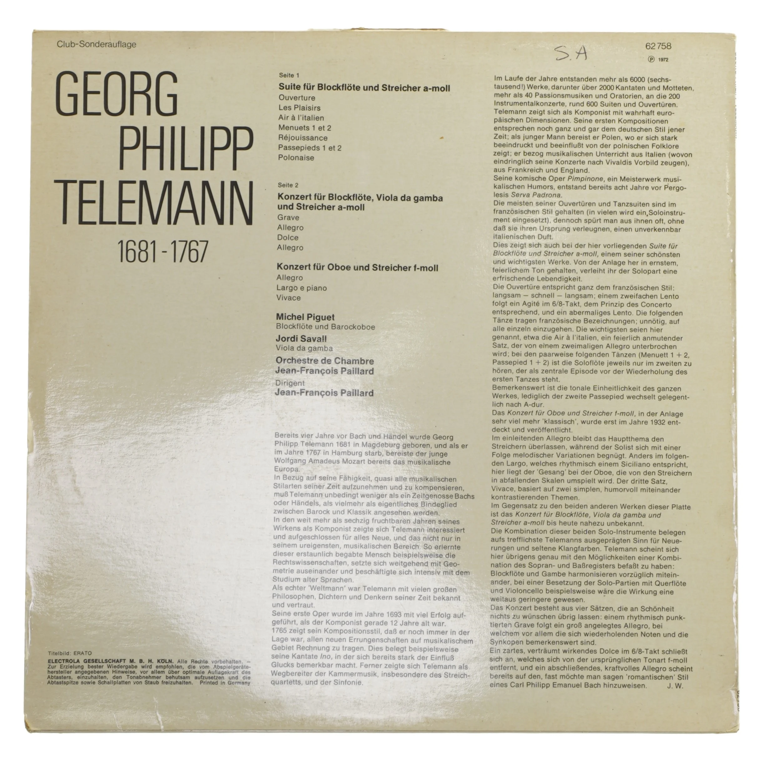Georg Philipp Telemann vinylplade fra EMI Electrola