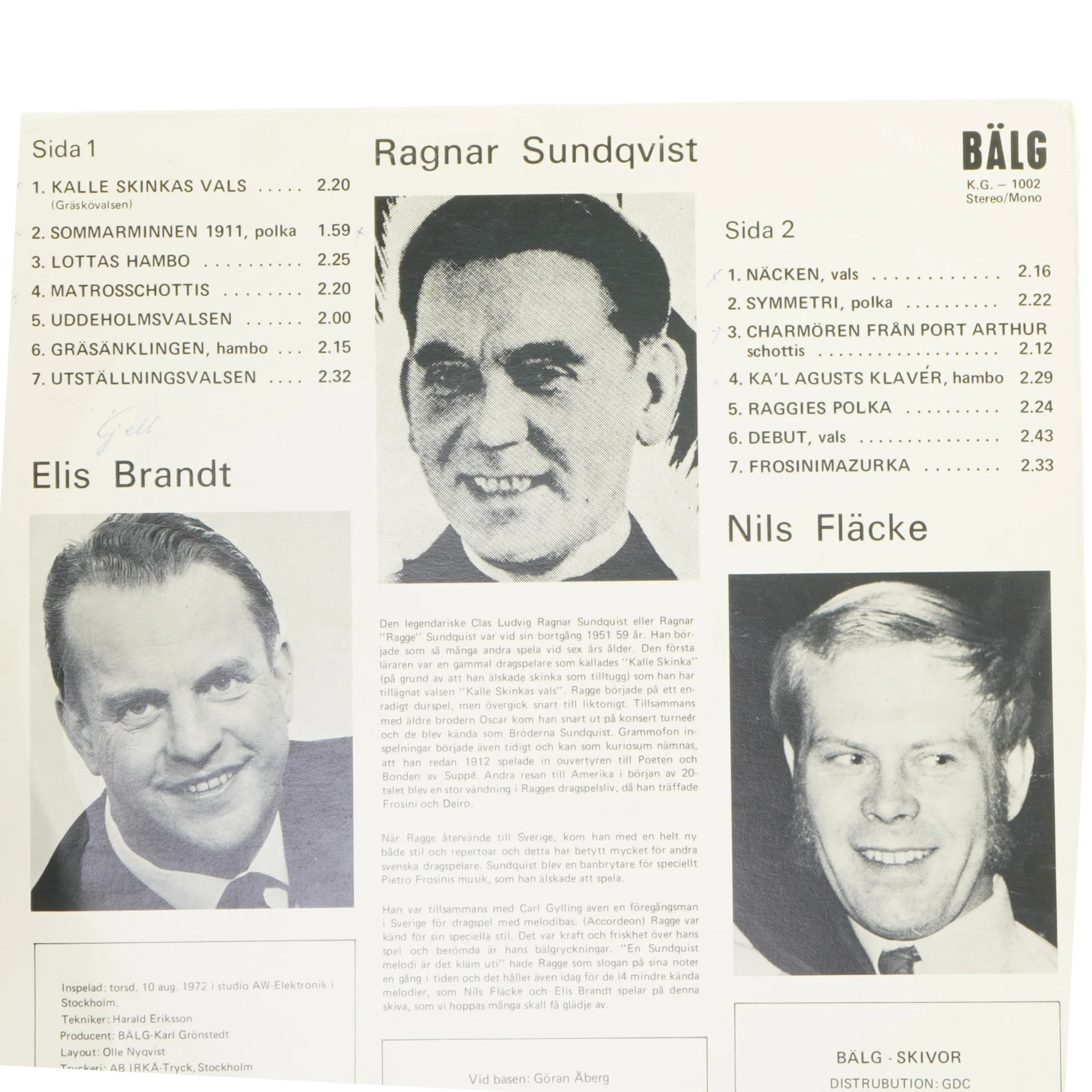 Ragnar Sundquist Melodier LP fra Bälg