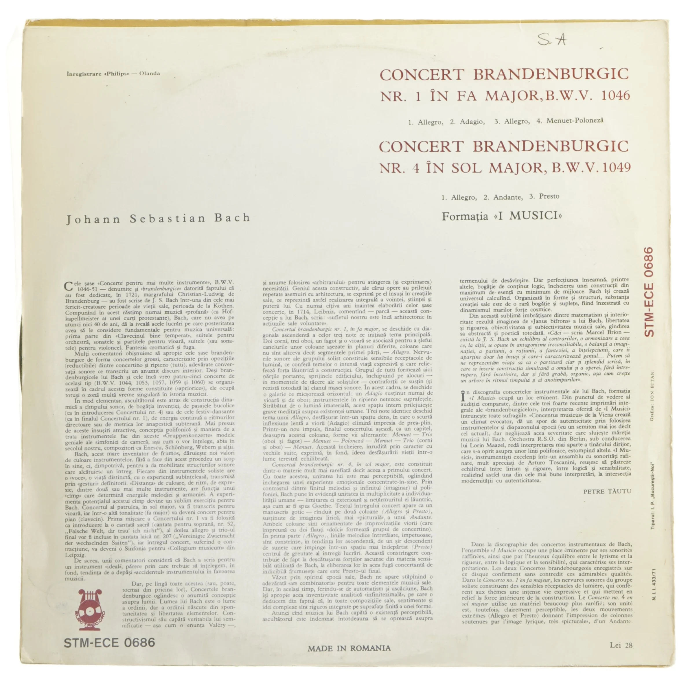 Brandenburgkoncerter LP af Bach fra Electrecord