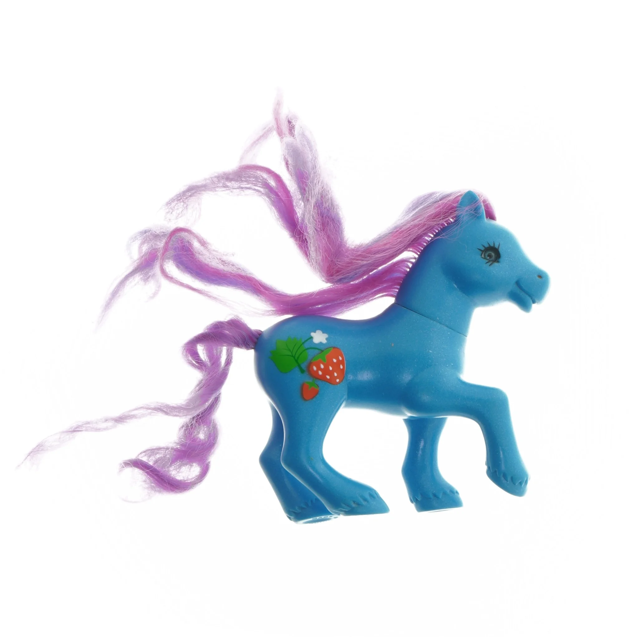 Blå legetøjshest med lilla hår (str. 13 cm)