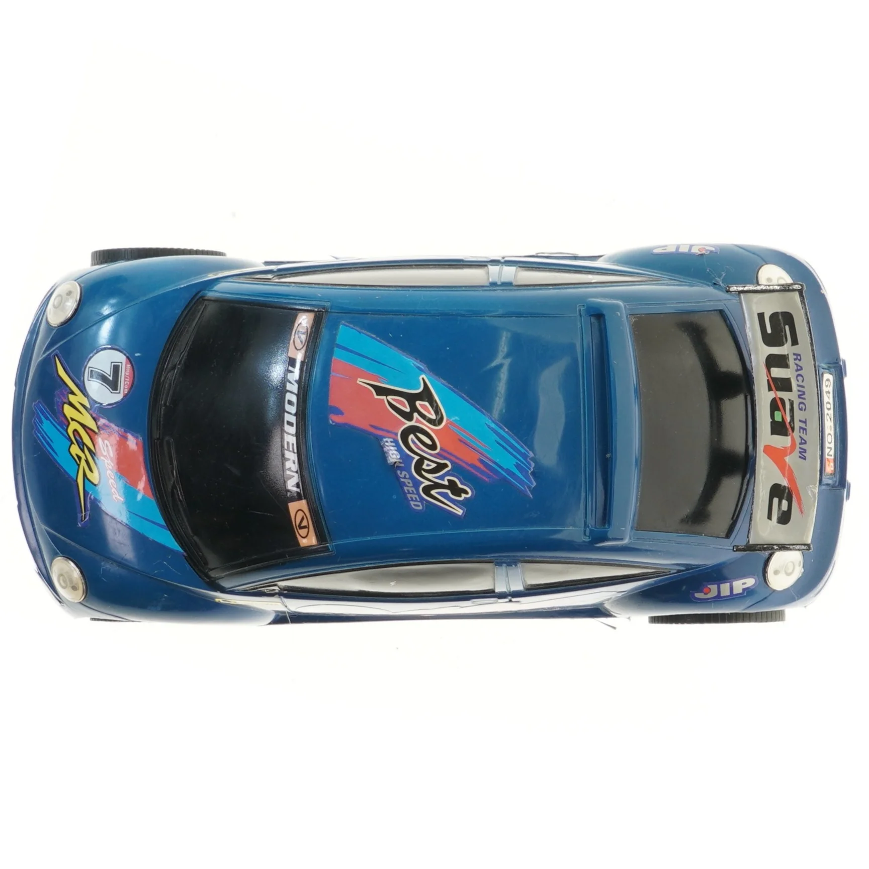 Blå legetøjsbil i racing design (str. 34x15,5 cm)