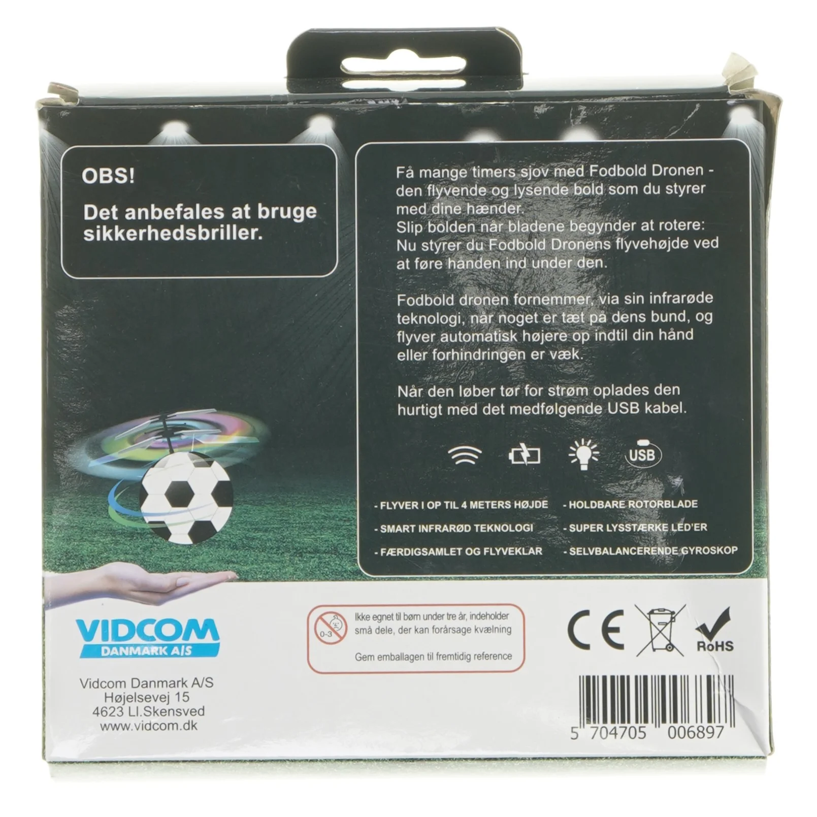 Fodbolddrone med LED lys fra Vidcom Danmark (str. 12 cm)