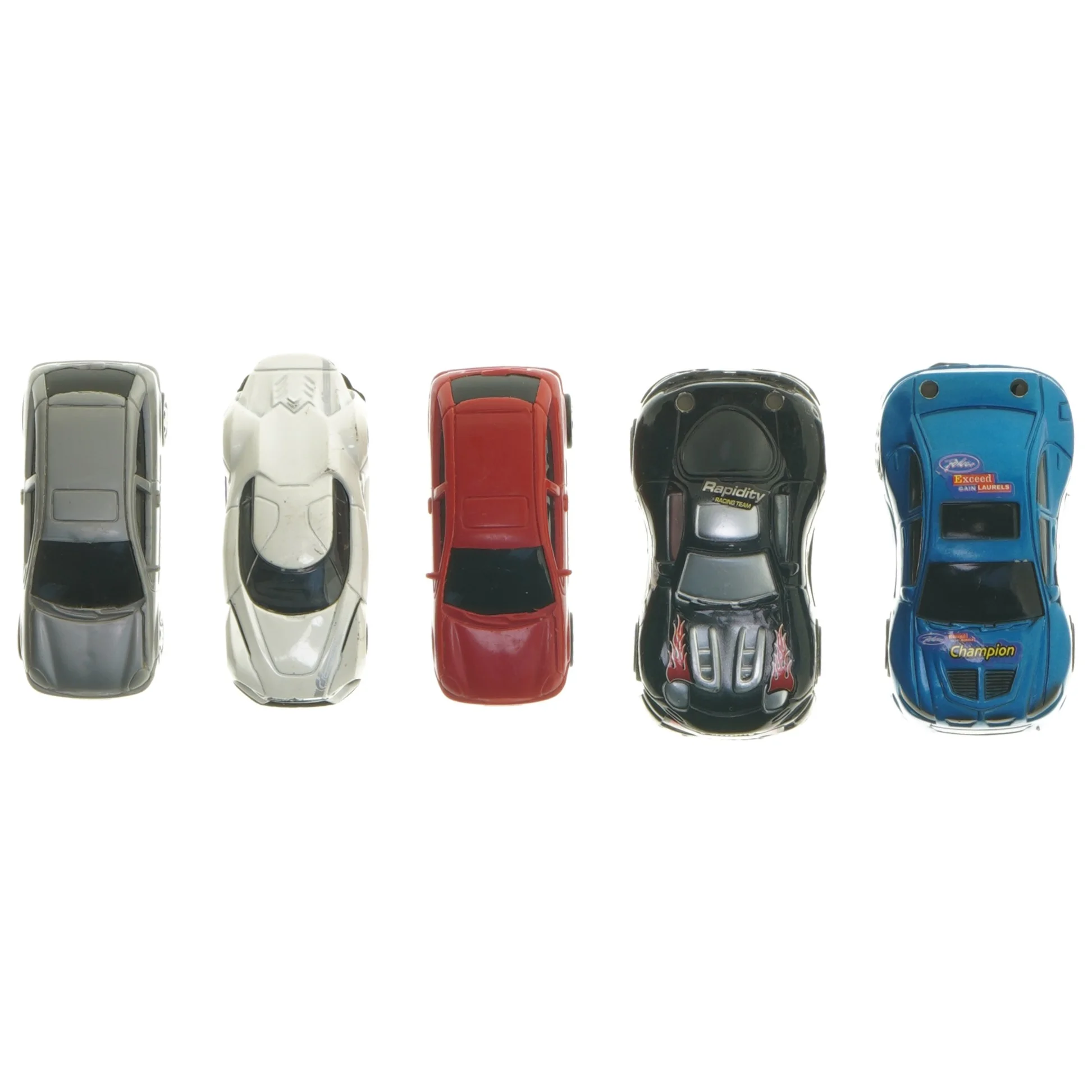 Fem små legetøjsbiler (str. ca. 8 cm)