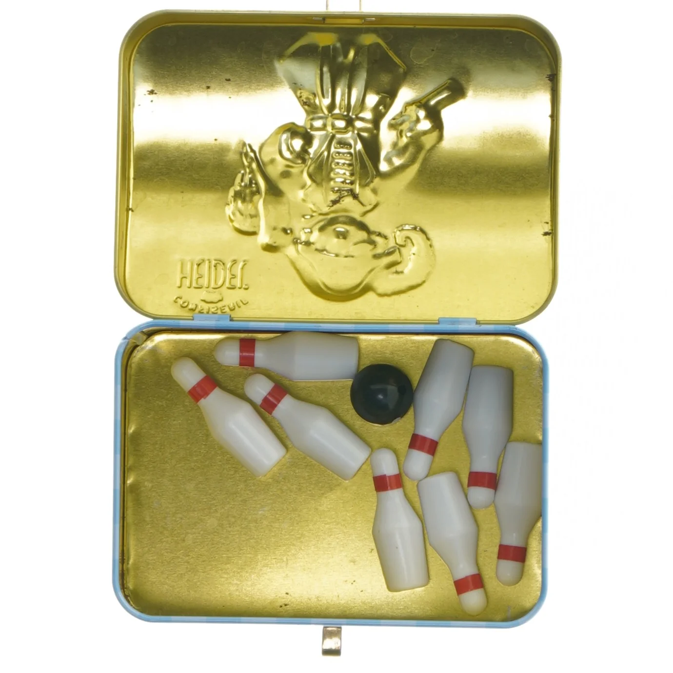 Blikæske med mini bowling sæt fra Heidel (str. 11,5x8 cm)