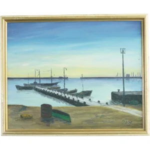 Oljemaleri af havneudsigt (str. 54 x 44 cm)