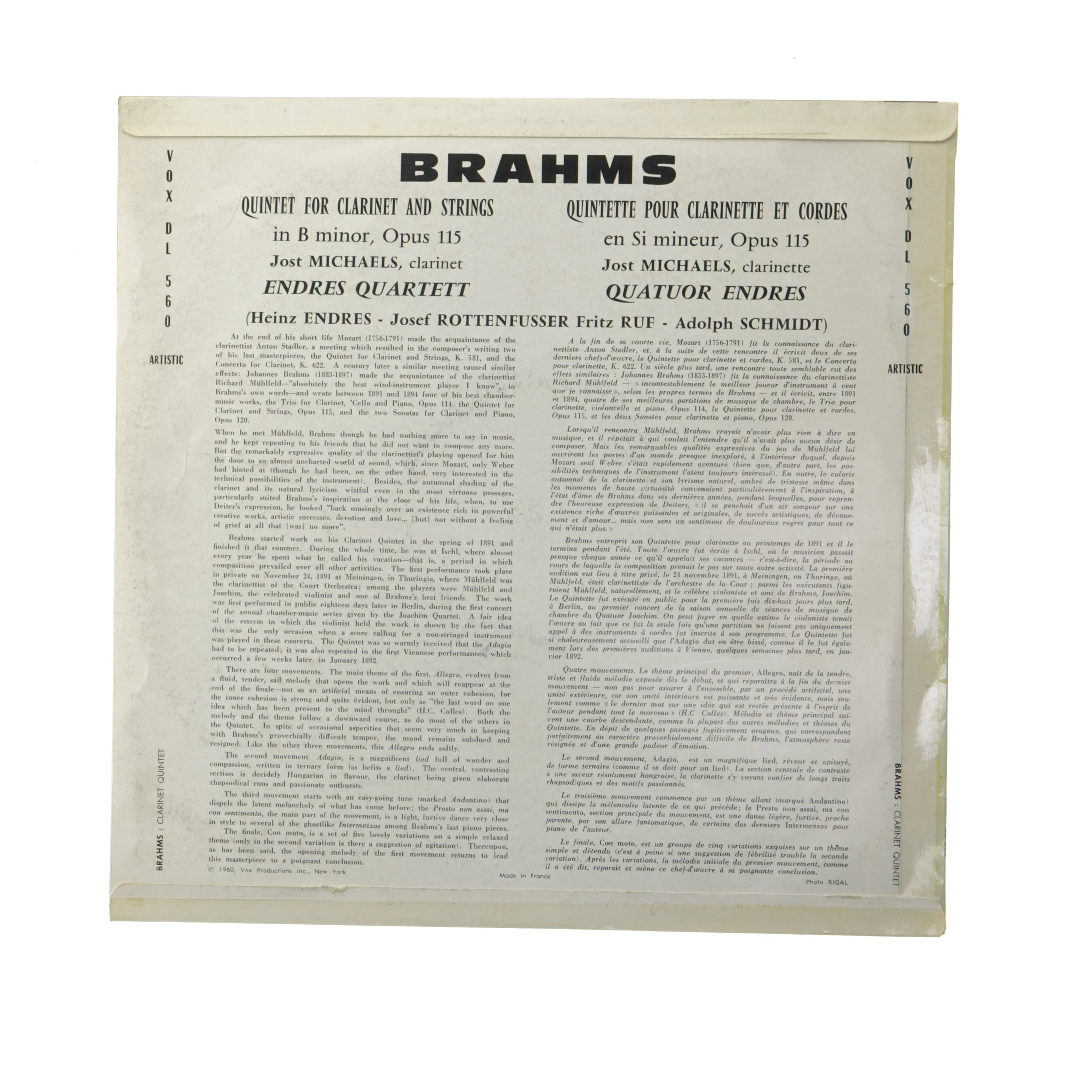 Brahms Clarinet Quintet vinyl fra VOX