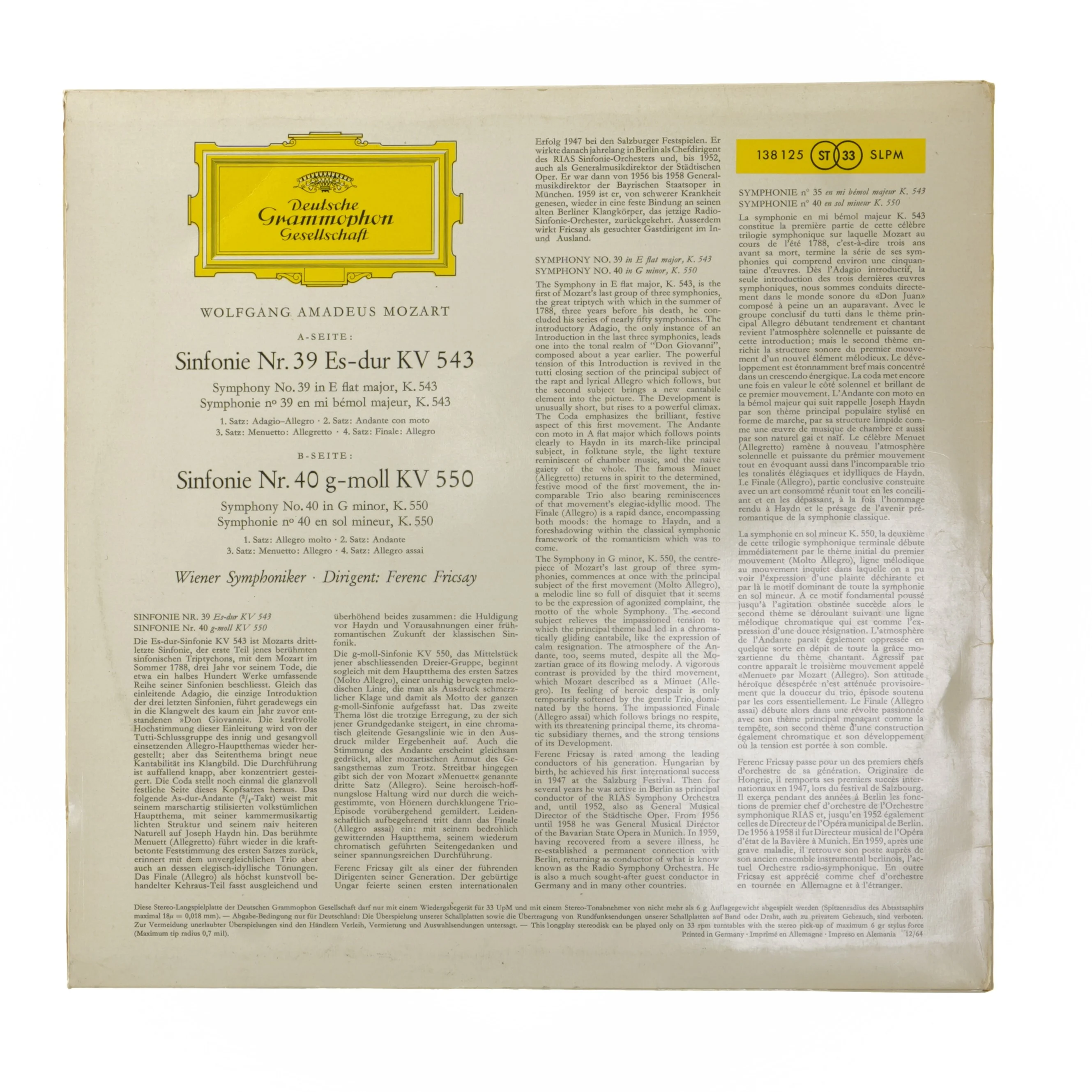 Mozart LP - Sinfonien Nr. 39 & 40 fra Deutsche Grammophon