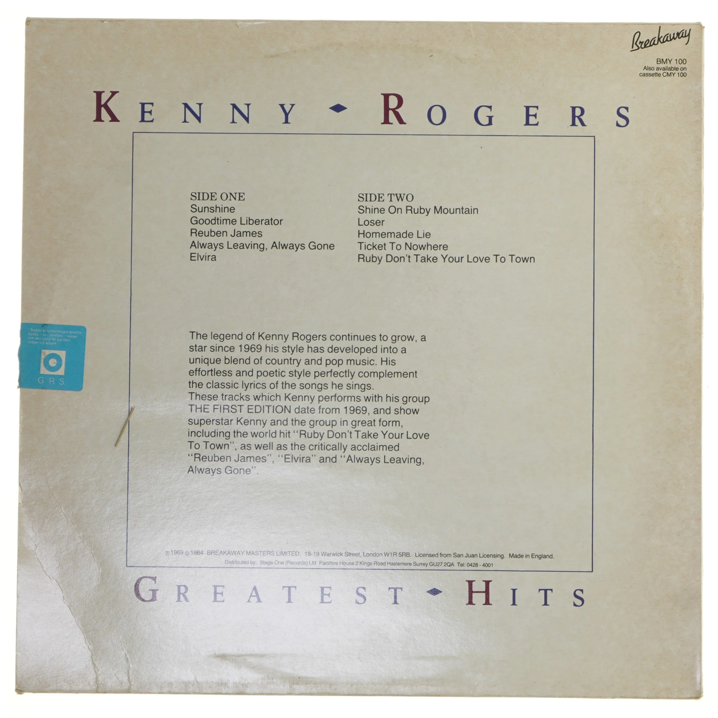 Kenny Rogers Greatest Hits LP vinyl