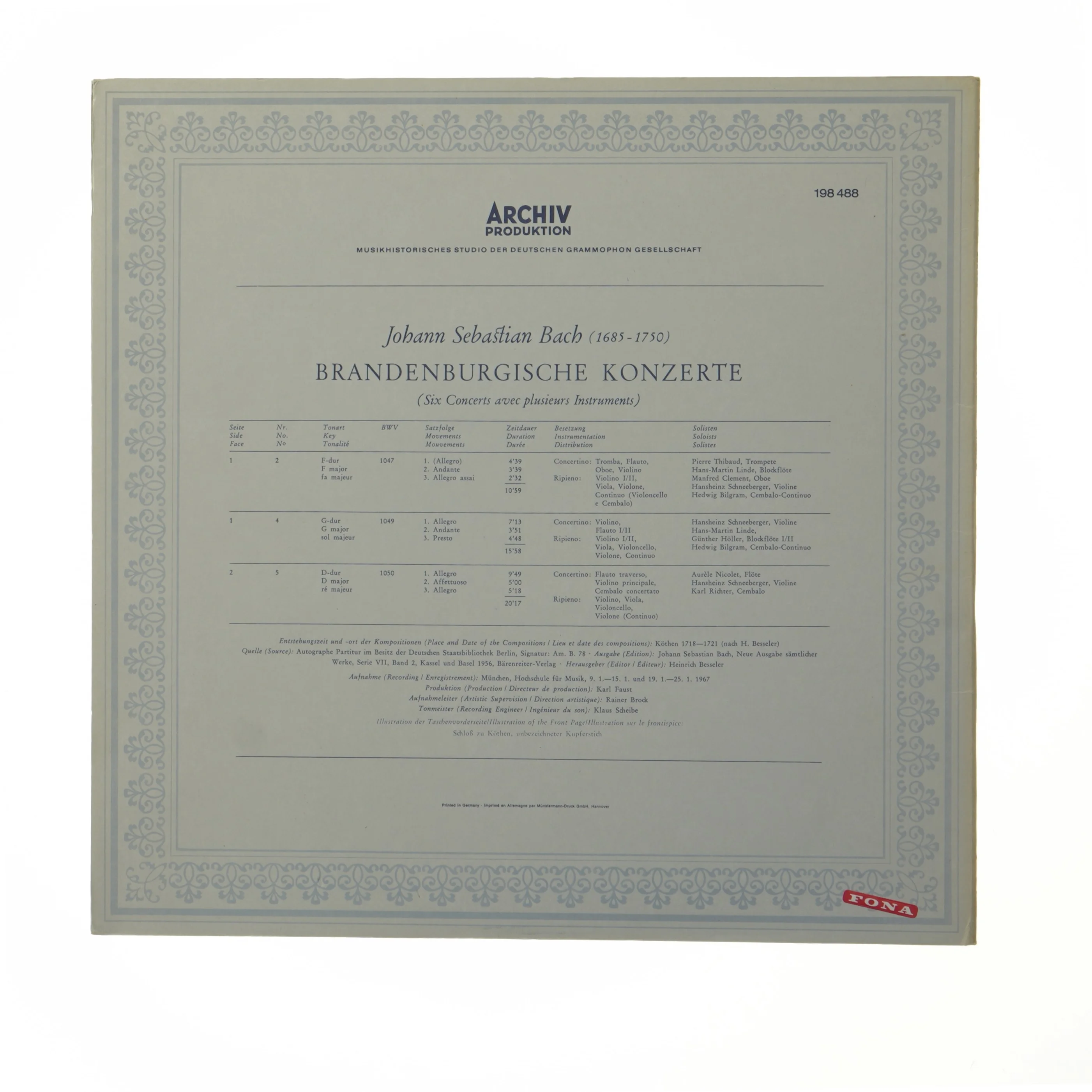 Brandenburgische Konzerte LP fra Archiv Produktion