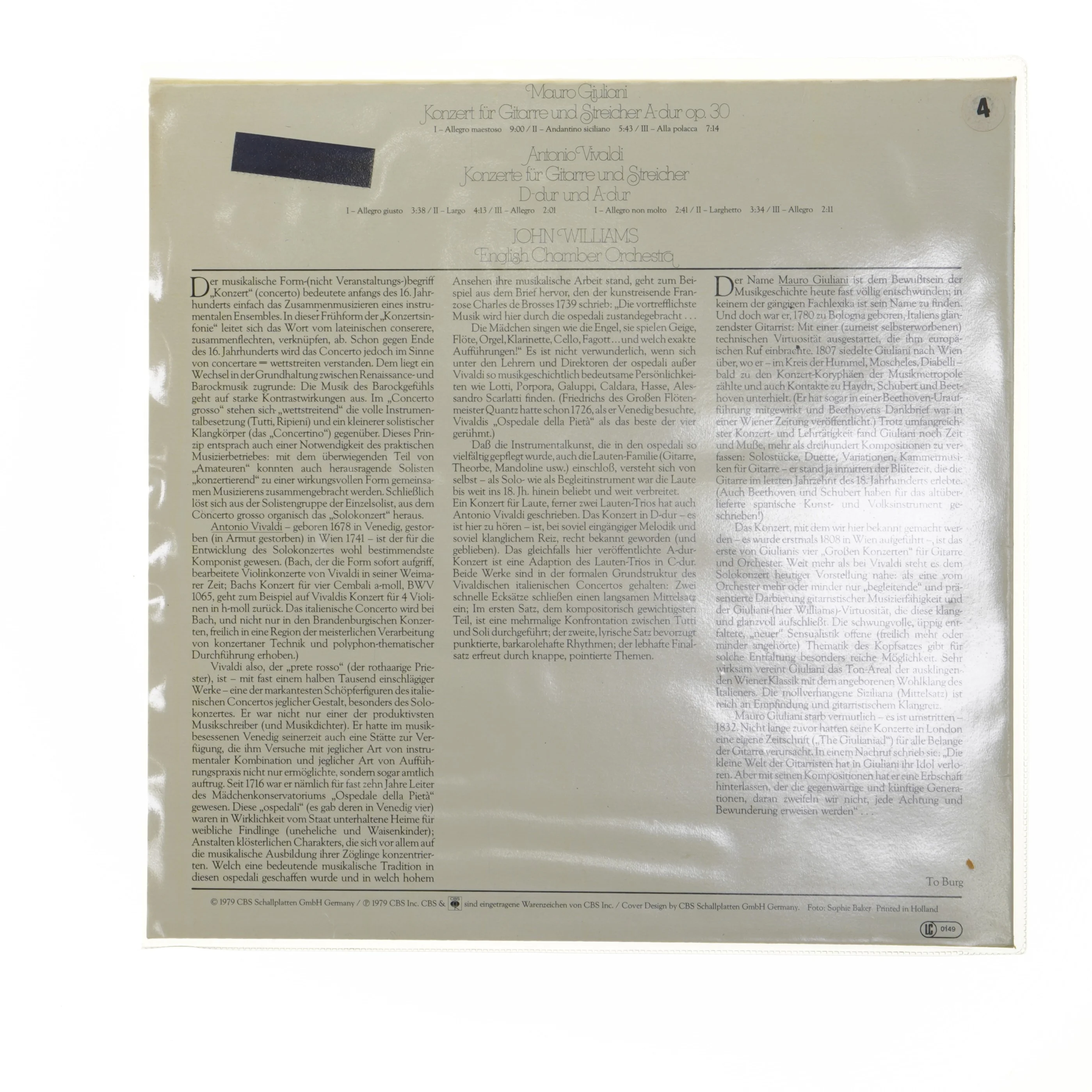 Antonio Vivaldi LP - Konzerte für Gitarre und Streicher fra CBS