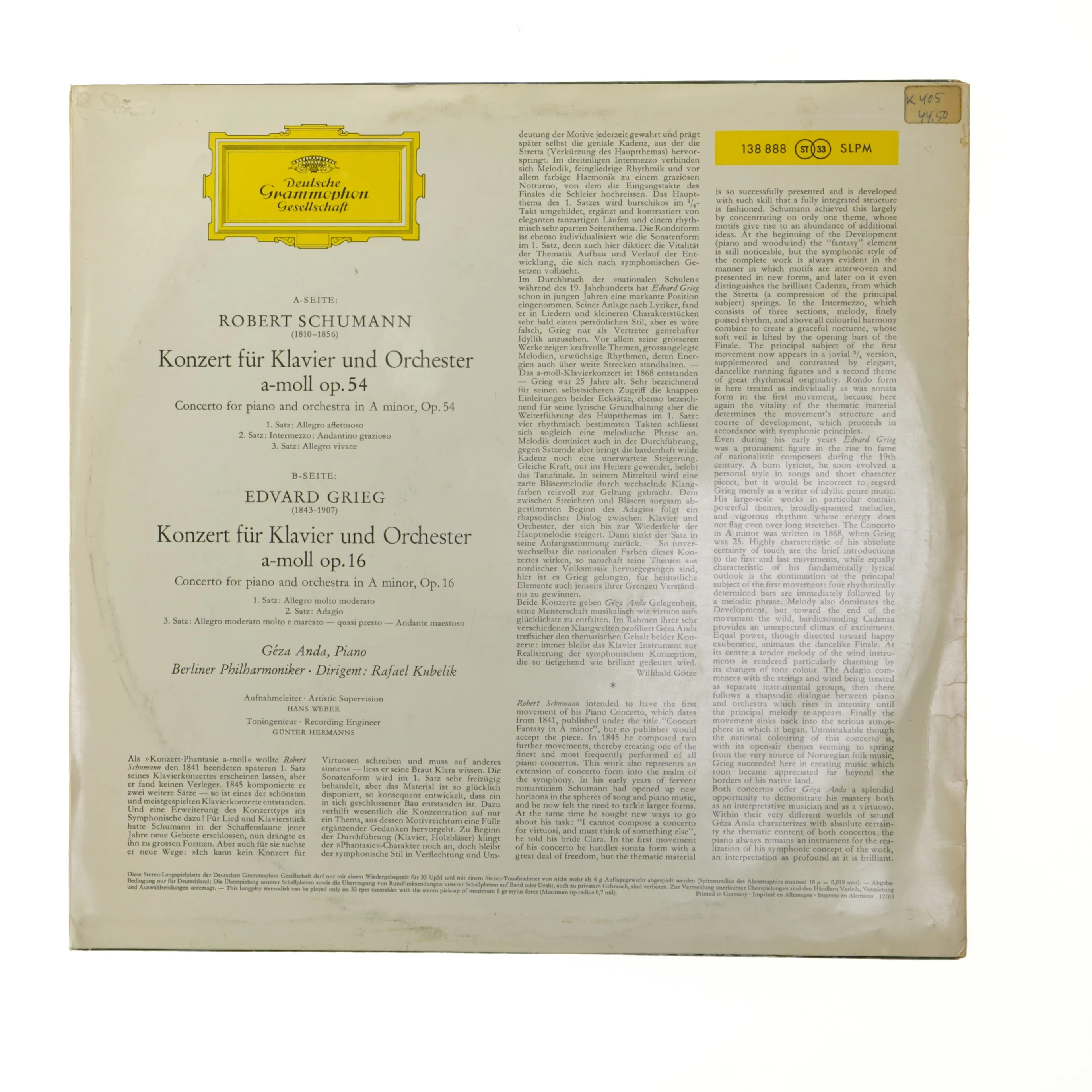 Deutsche Grammophon LP - Schumann & Grieg Piano Concertos fra Deutsche Grammophon Gesellschaft