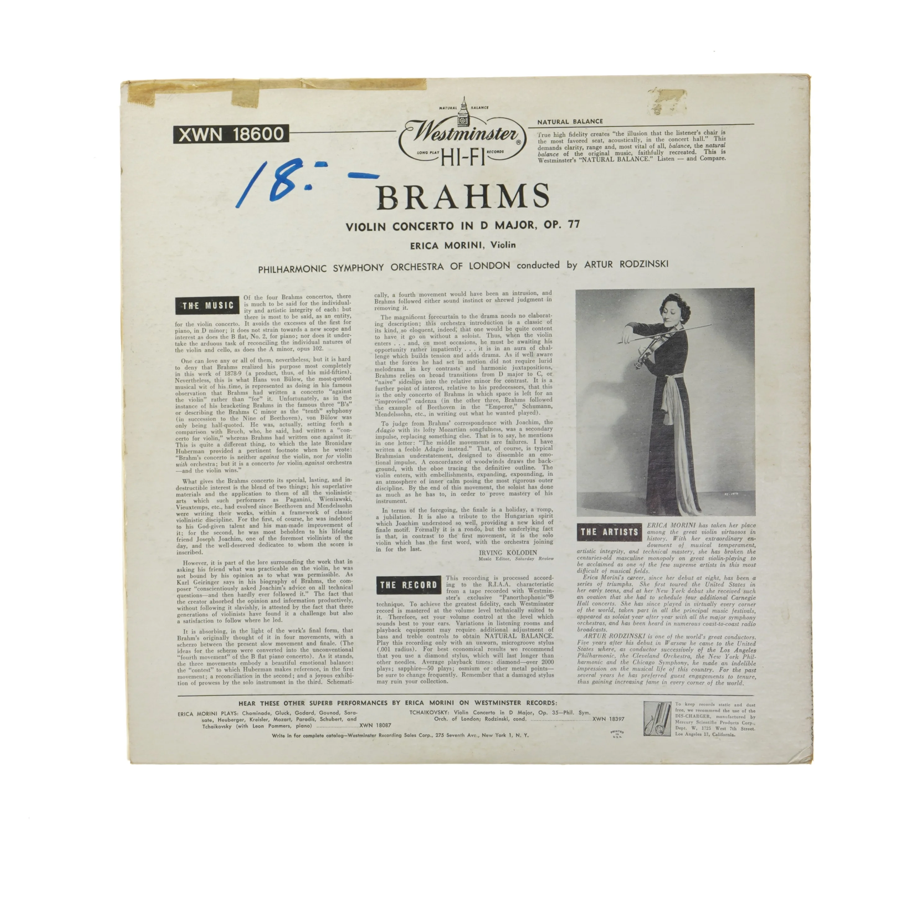 Erica Morini Brahms Violin Concerto LP fra Westminster