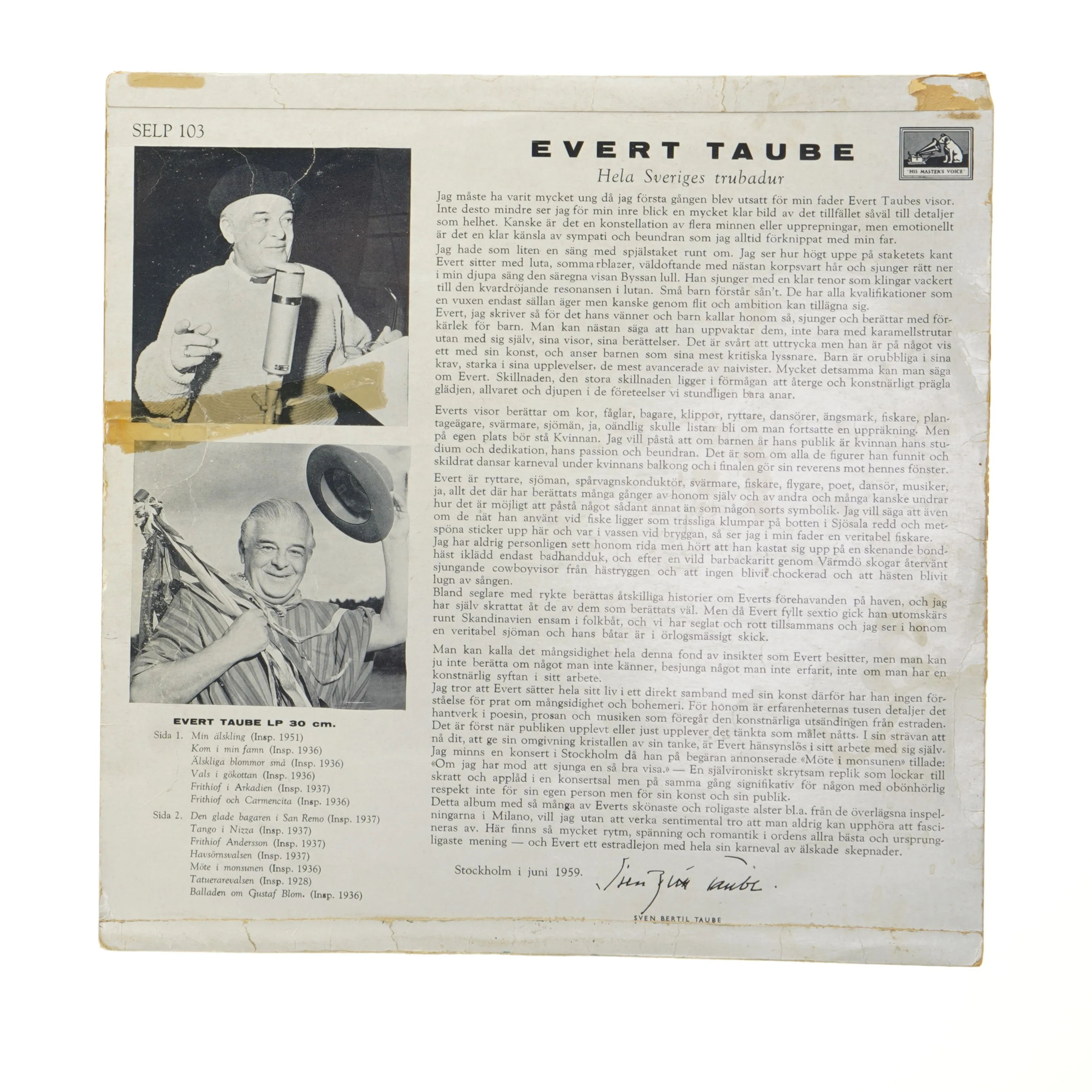 Evert Taube LP album fra His Master's Voice