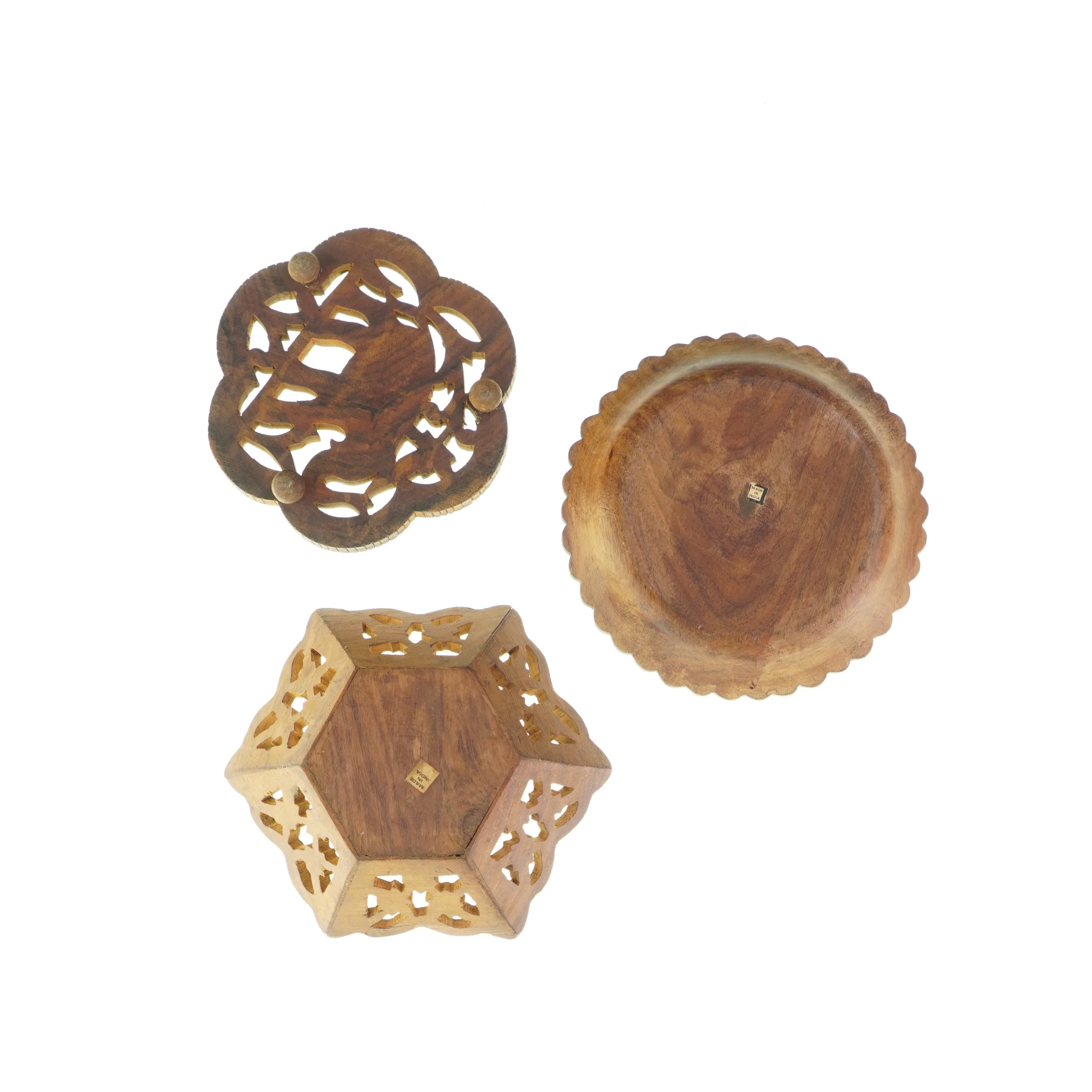 Dekorative skål/fad i træ (3 stk) (str. HØ: 4x16 og 2x18 og 6x20 cm)