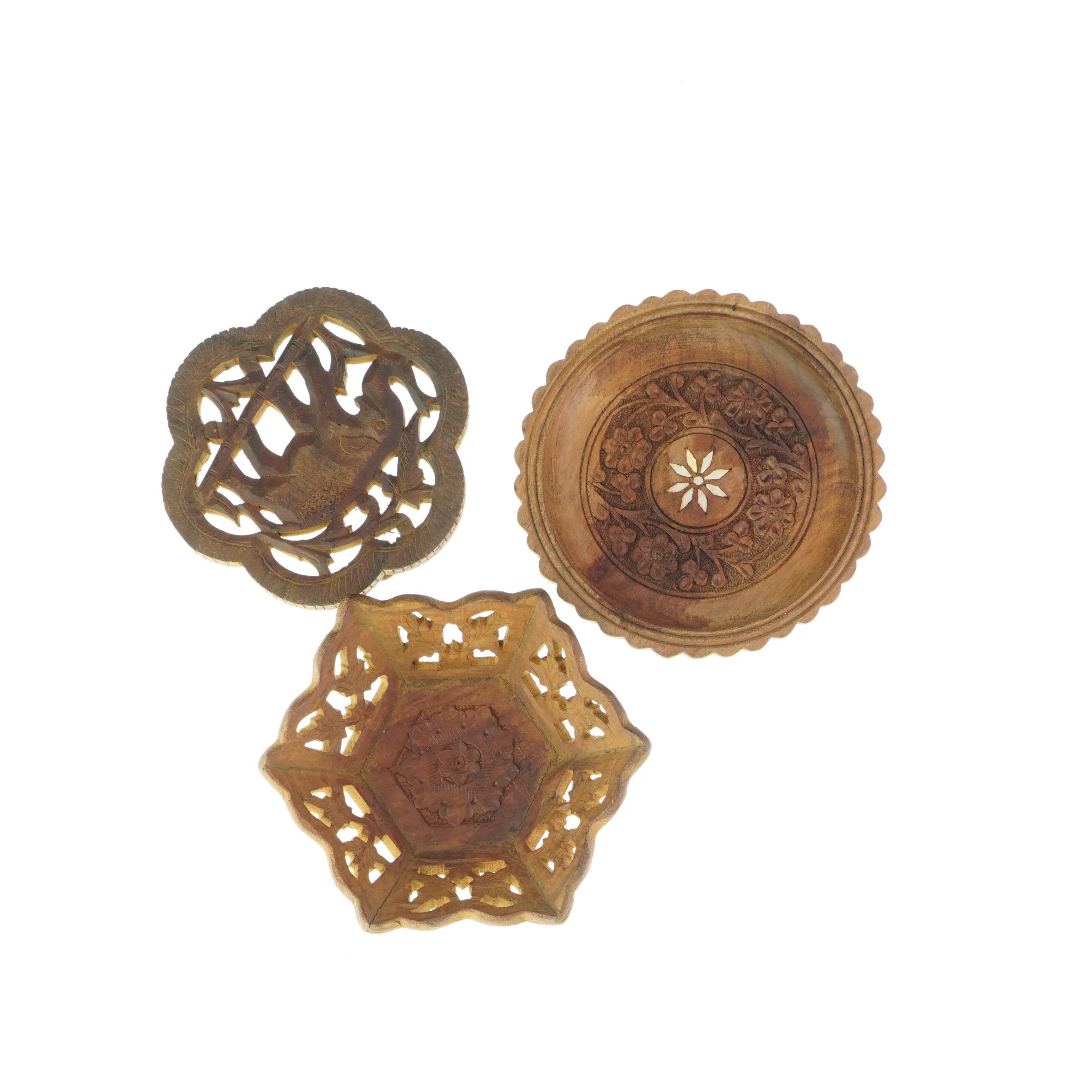 Dekorative skål/fad i træ (3 stk) (str. HØ: 4x16 og 2x18 og 6x20 cm)