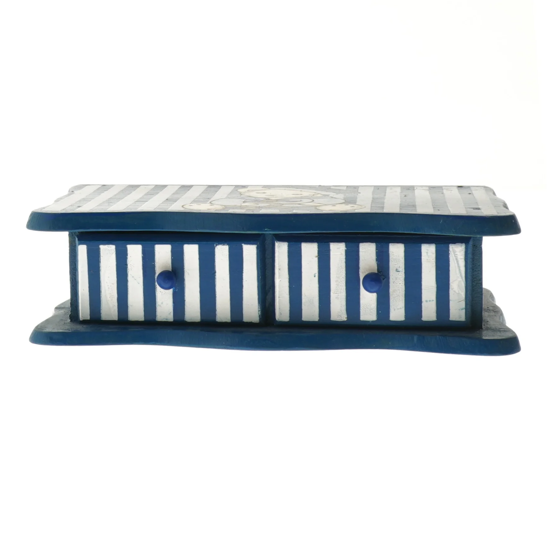 Blå og hvid stribet smykkeskrin med bamse (str. 5,5x20,5x12 cm)i træ