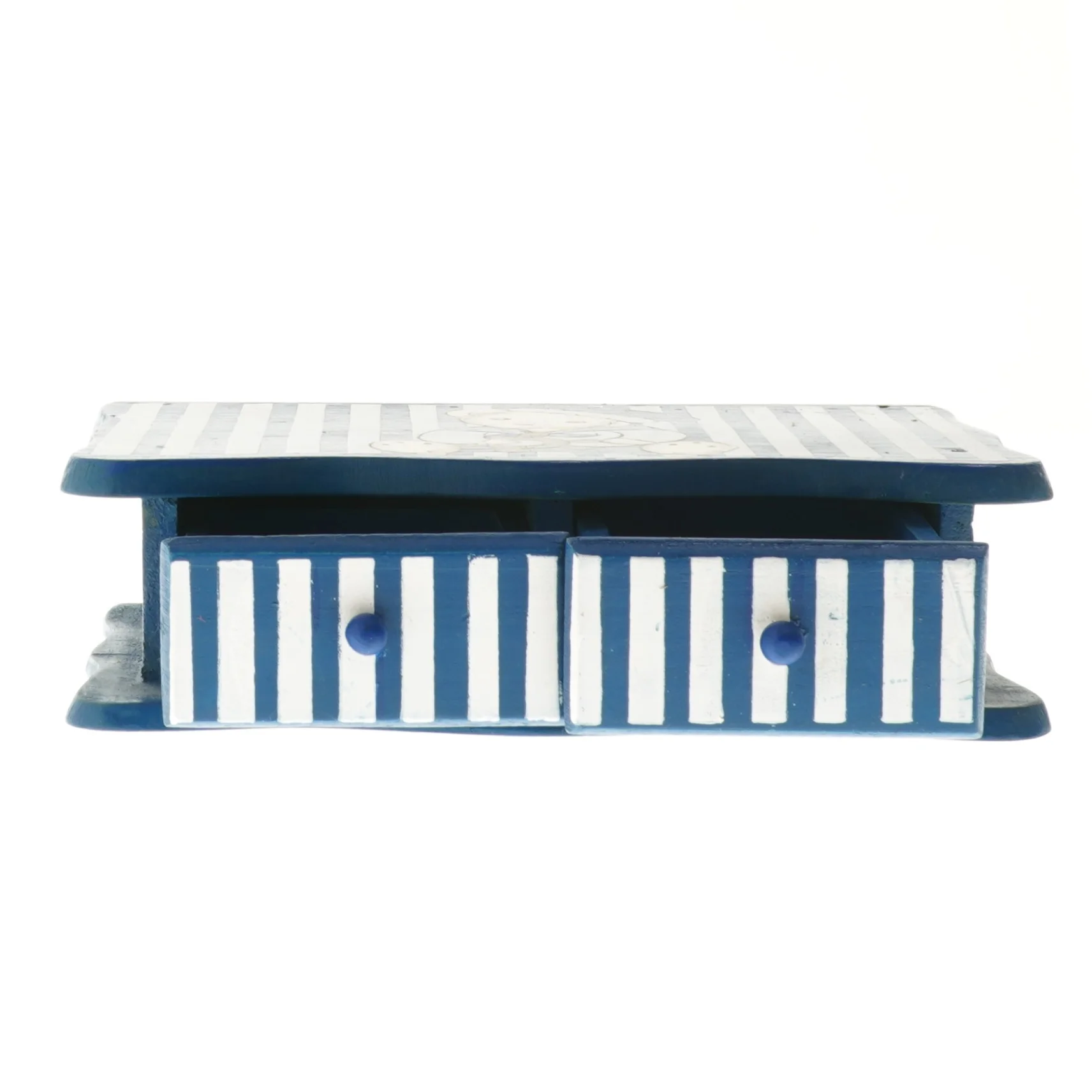 Blå og hvid stribet smykkeskrin med bamse (str. 5,5x20,5x12 cm)i træ