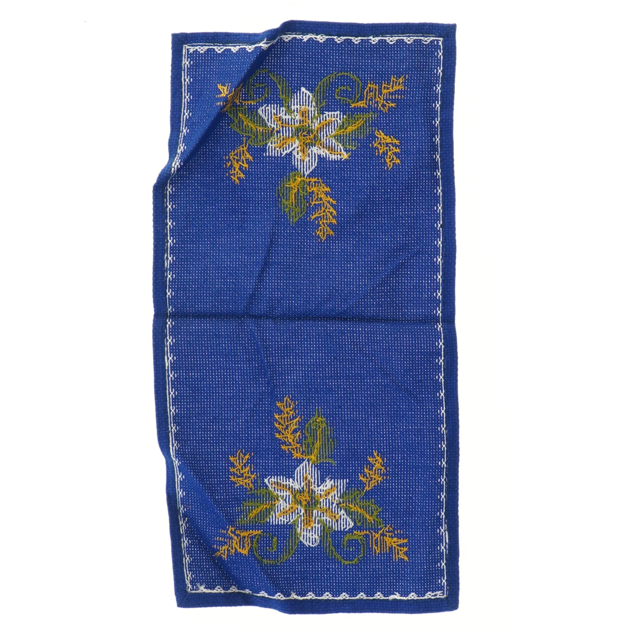 Broderet blå juleløber med blomstermotiv (str. 41x21 cm)