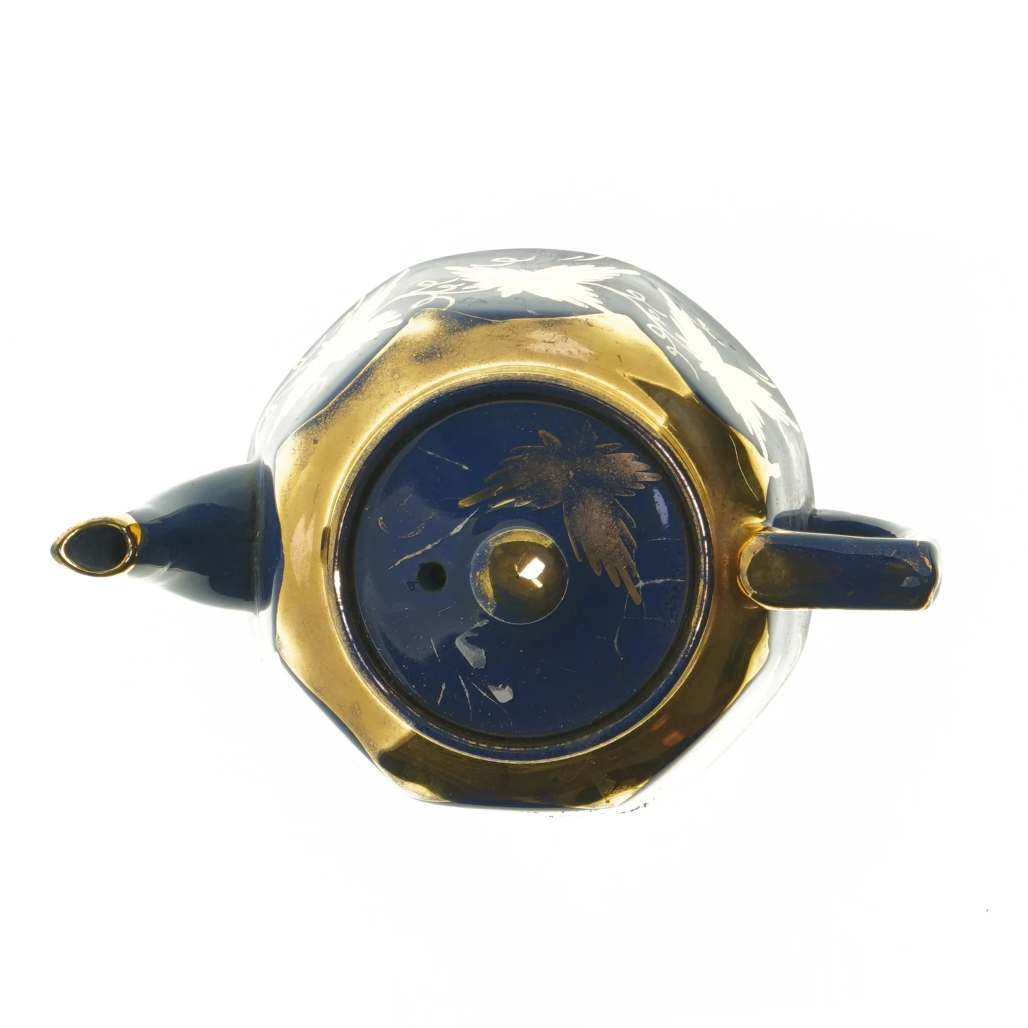 Blå tekande med gulddekorationer (str. 20 cm)