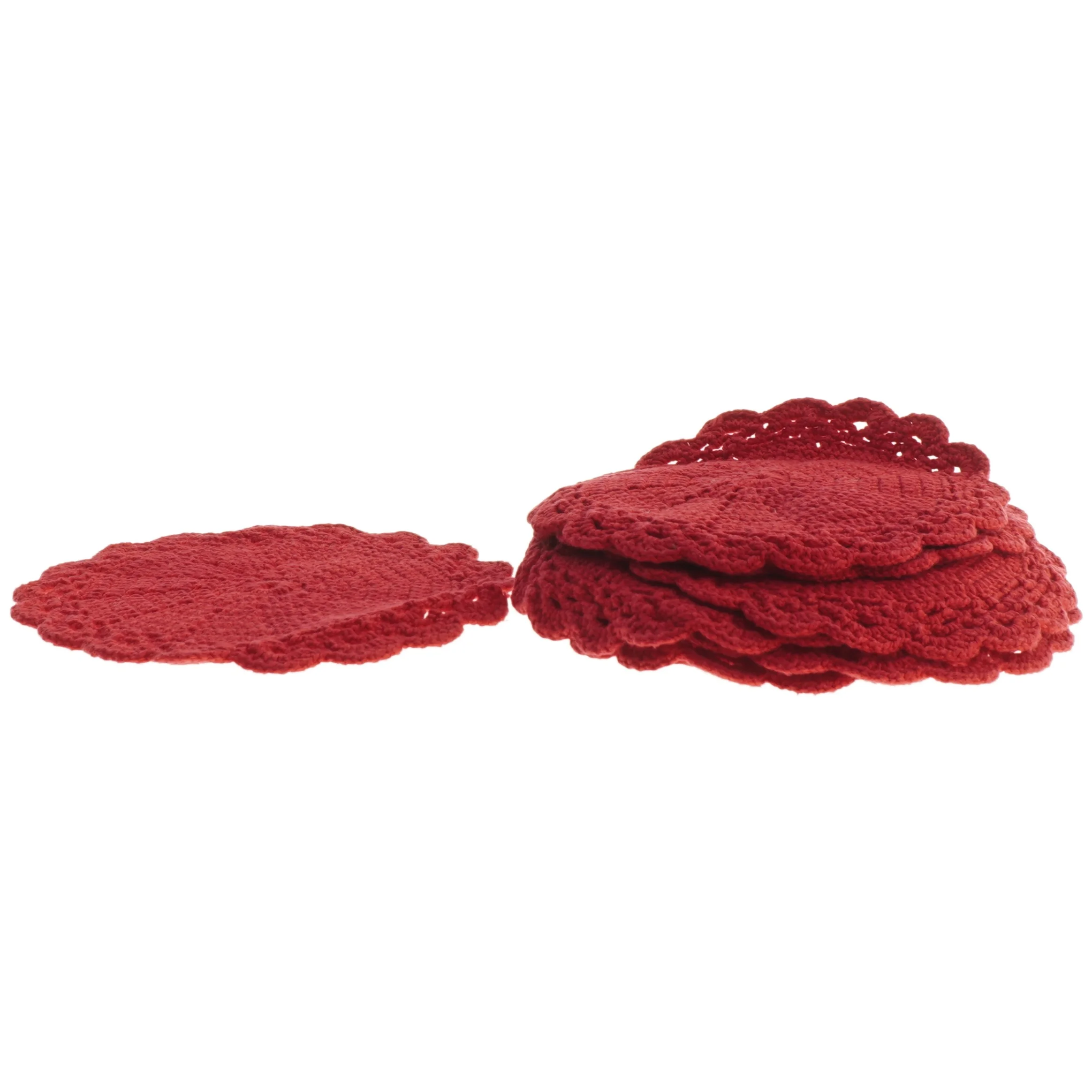 Runde røde hæklede bordskånere (str. 11 stk 14,5 cm)