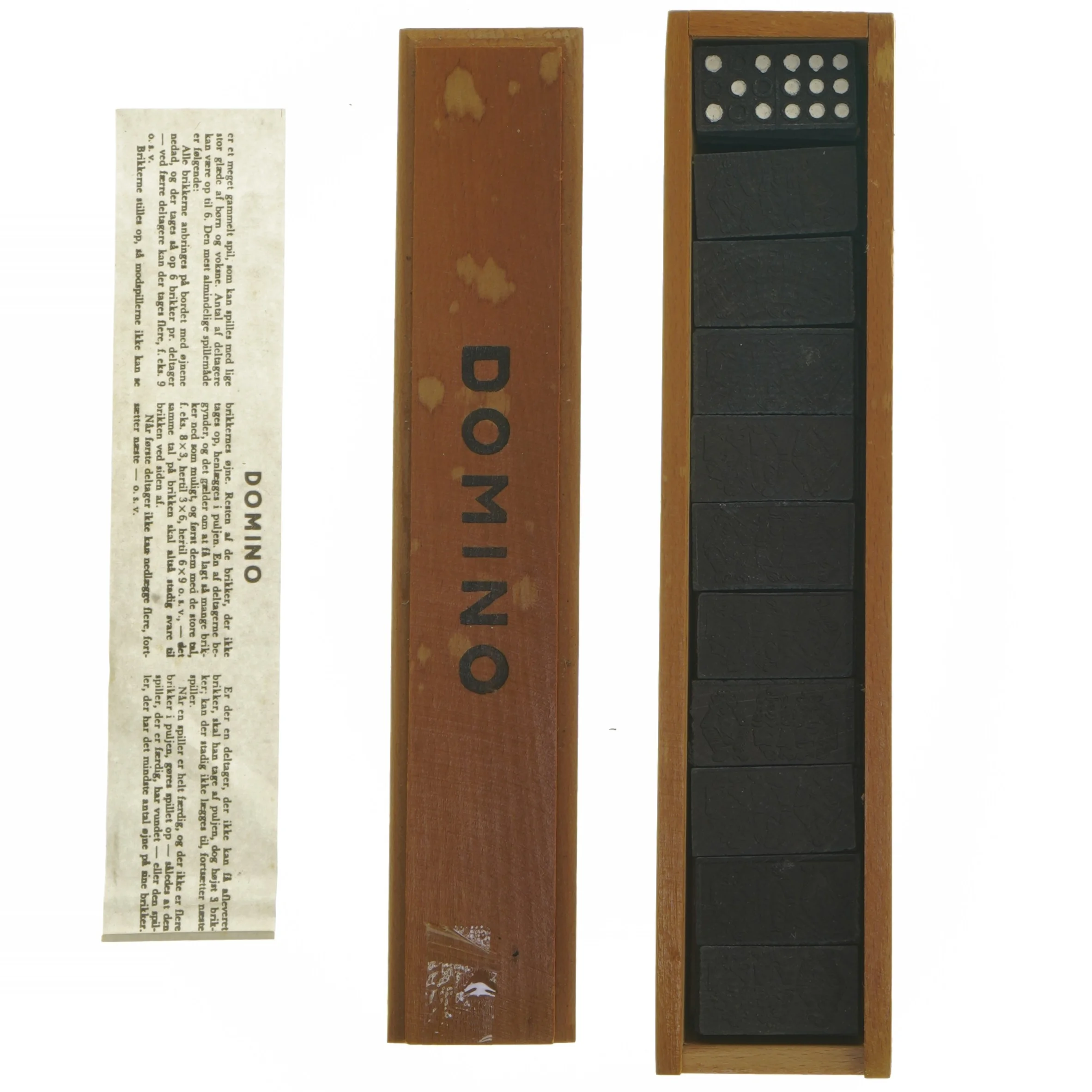 Gammelt Domino spil i trææske (str. 27x6x4,5 cm)
