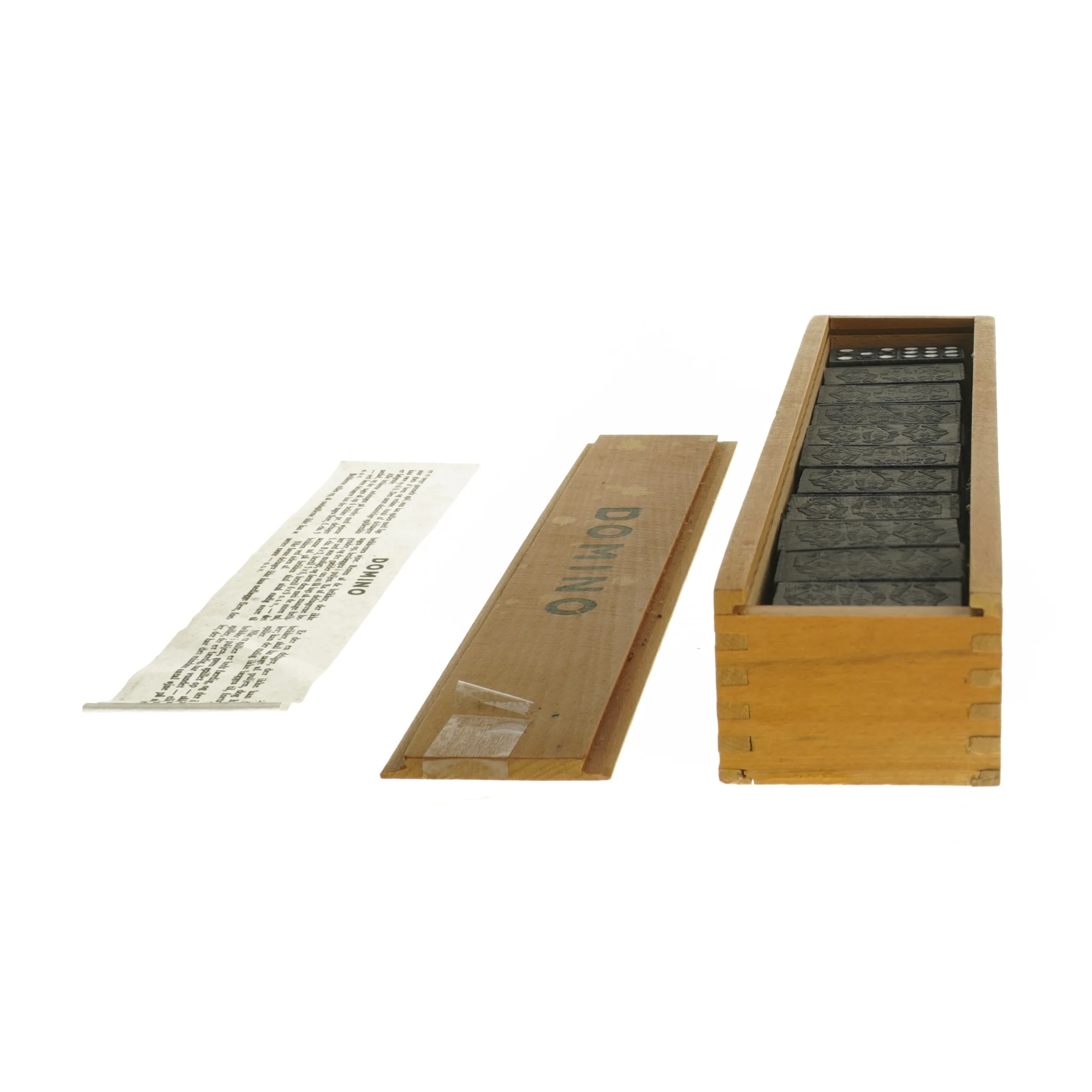 Gammelt Domino spil i trææske (str. 27x6x4,5 cm)