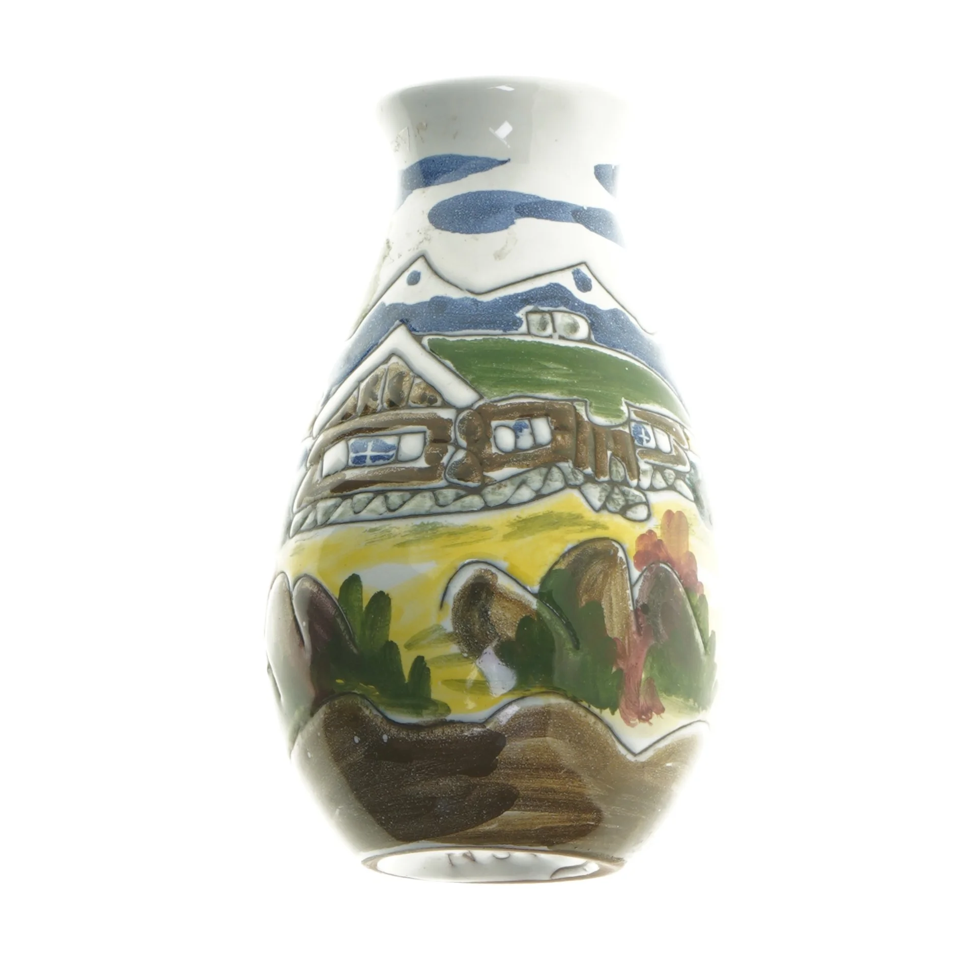 Dekorativ vase med landskabsmotiv (str. 17,5 cm)fra Norge 