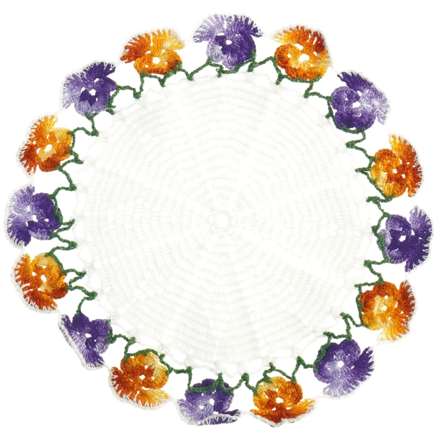 Hæklet borddug med blomsterkant (str. Ø 17 cm)