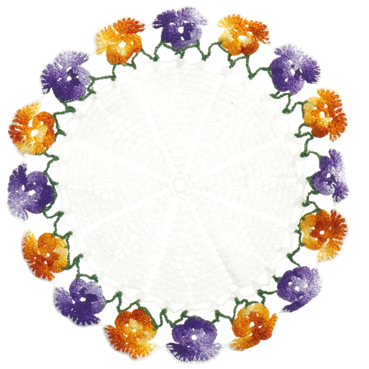 Hæklet borddug med blomsterkant (str. Ø 17 cm)