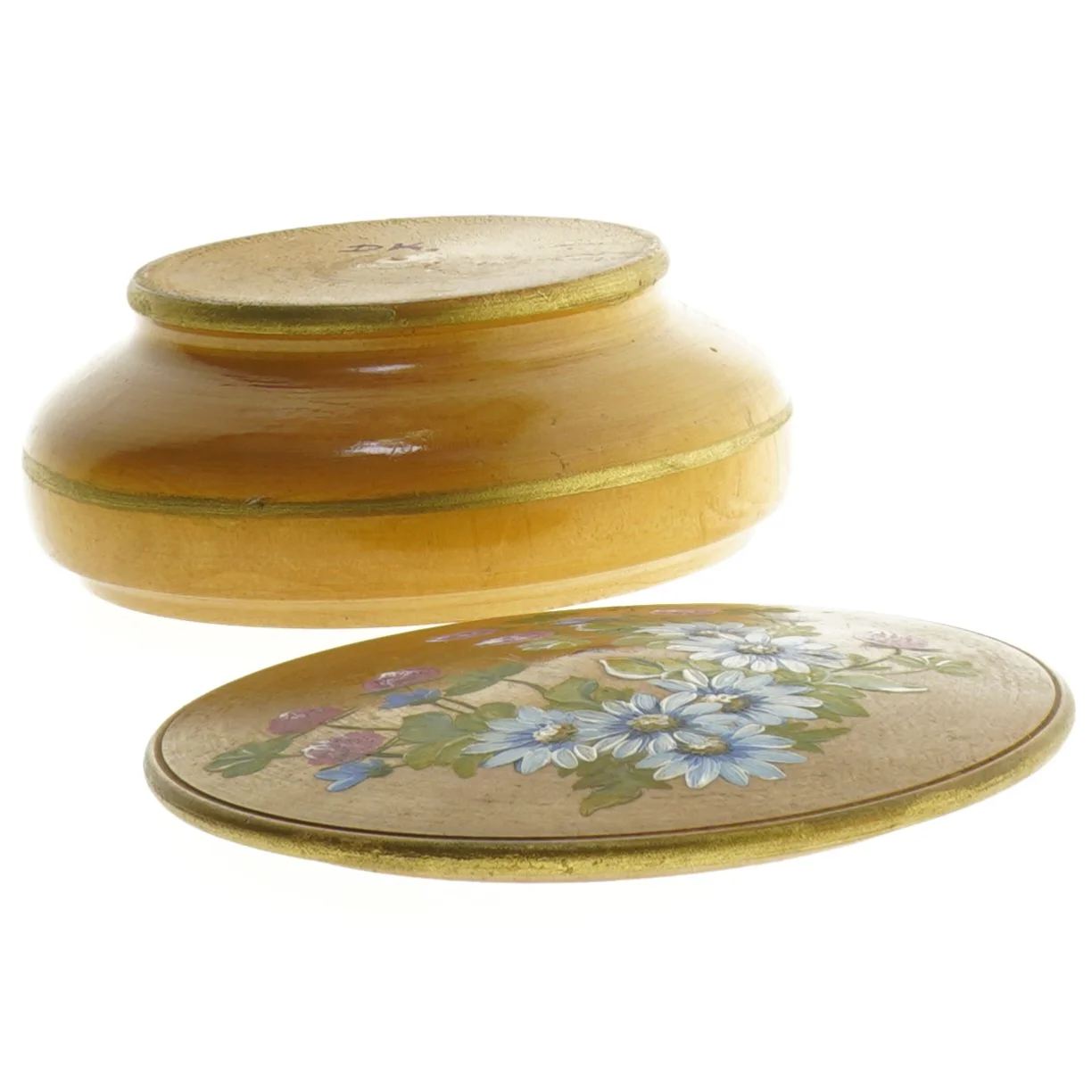 Trædåse med blomstermotiv (str. Ø. 13,5 cm)