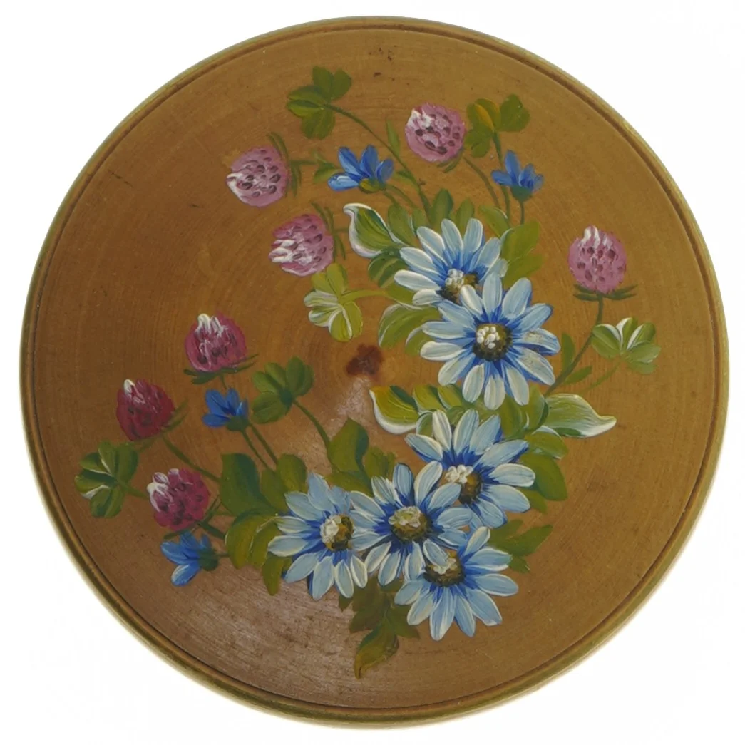 Trædåse med blomstermotiv (str. Ø. 13,5 cm)