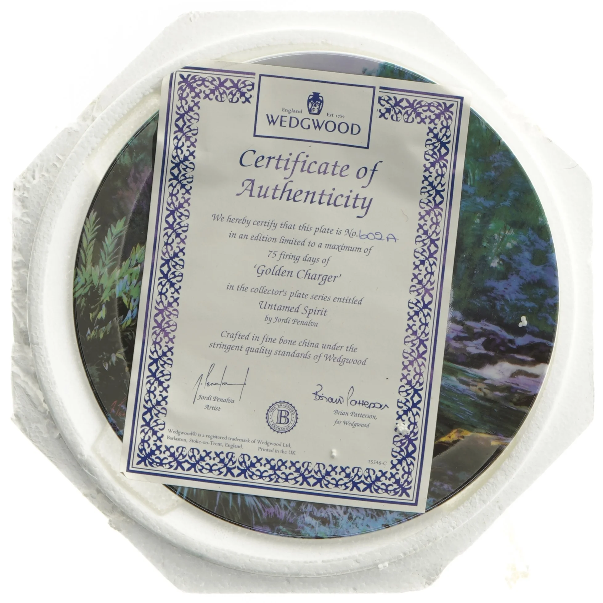 Dekorativt porcelænstallerken med motiv af hest fra Wedgwood (str. Ø 20 cm)