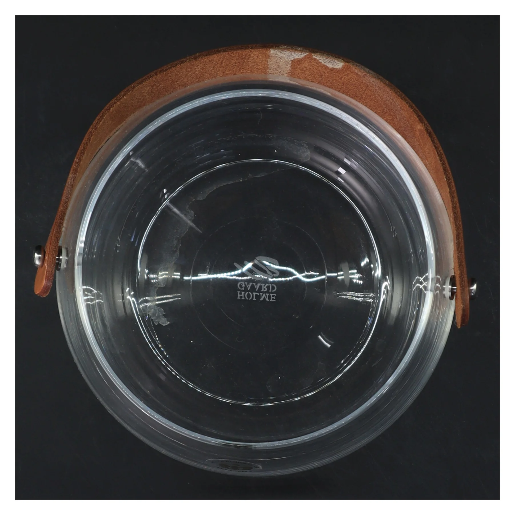 Glasvase med læderhank fra Holmegaard (str. Ø 12,5 cm længde 11,5 cm)