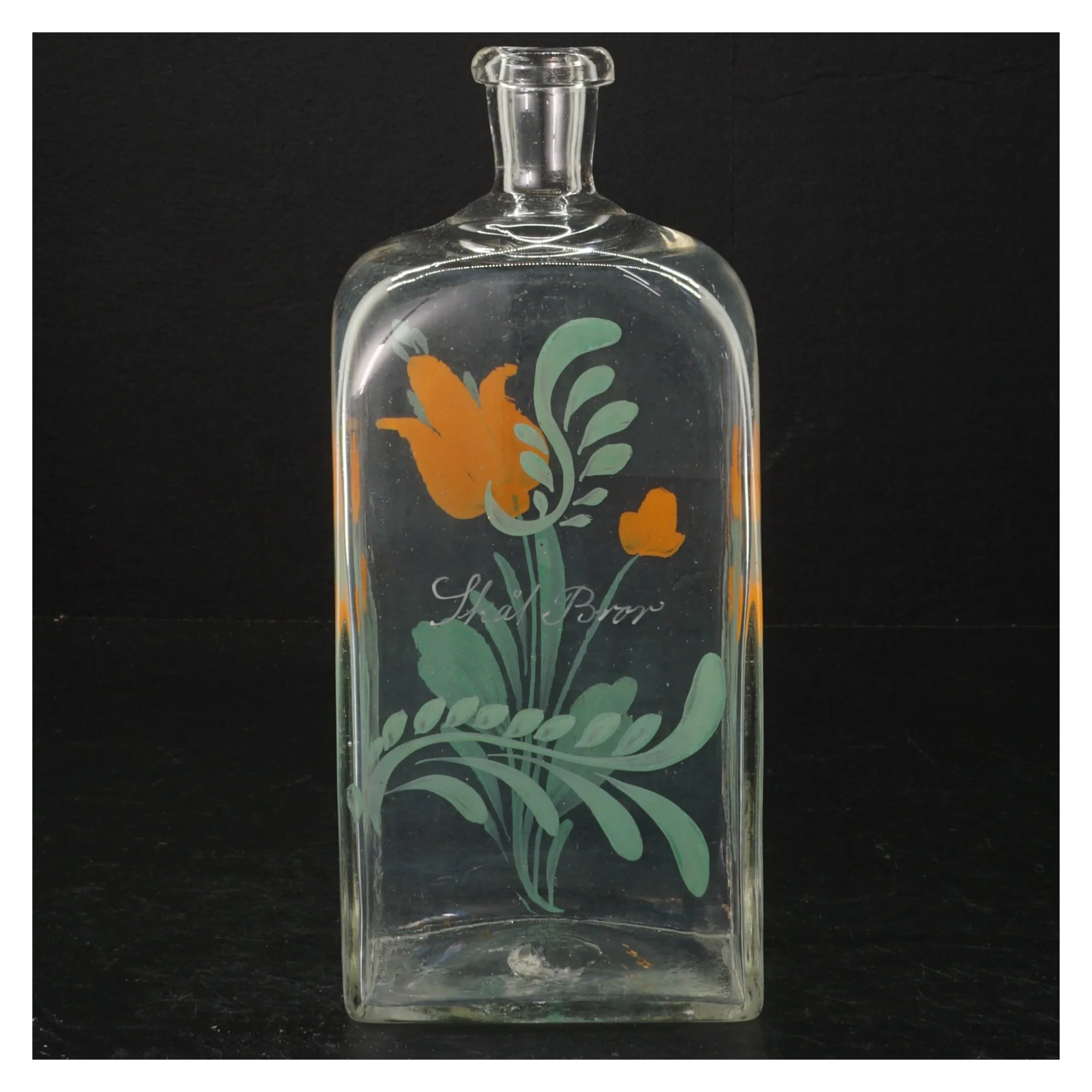 Dekorativ glasflaske med blomstermotiv (str. H. 21 cm. 9 x. 6 cm)