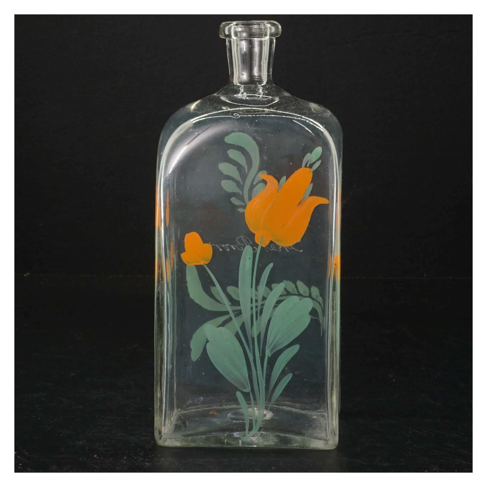 Dekorativ glasflaske med blomstermotiv (str. H. 21 cm. 9 x. 6 cm)