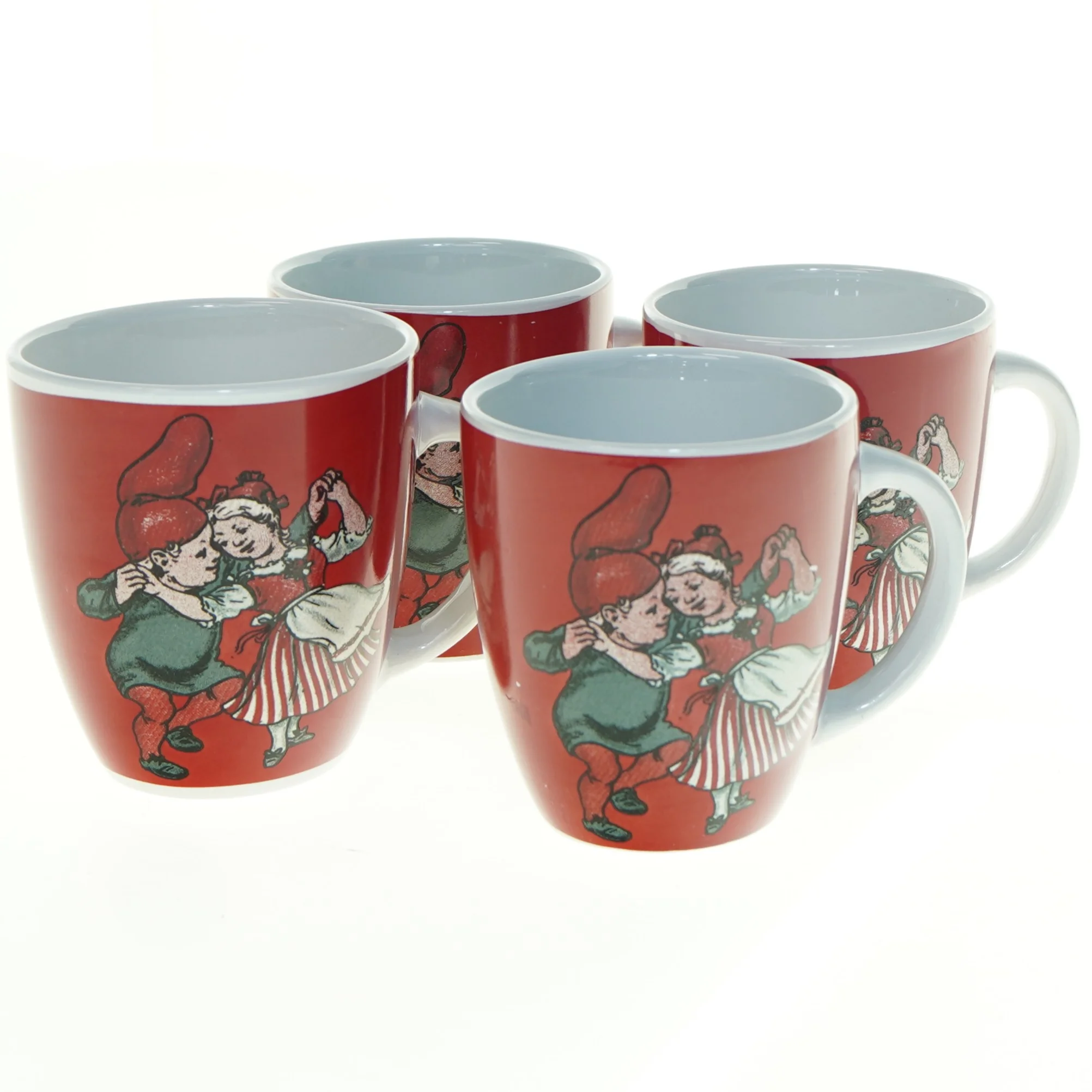 Røde og hvide krus med jule dekoration fra Søstrene Grene (str. H. 9,5 cm. ø. 8,5 cm)