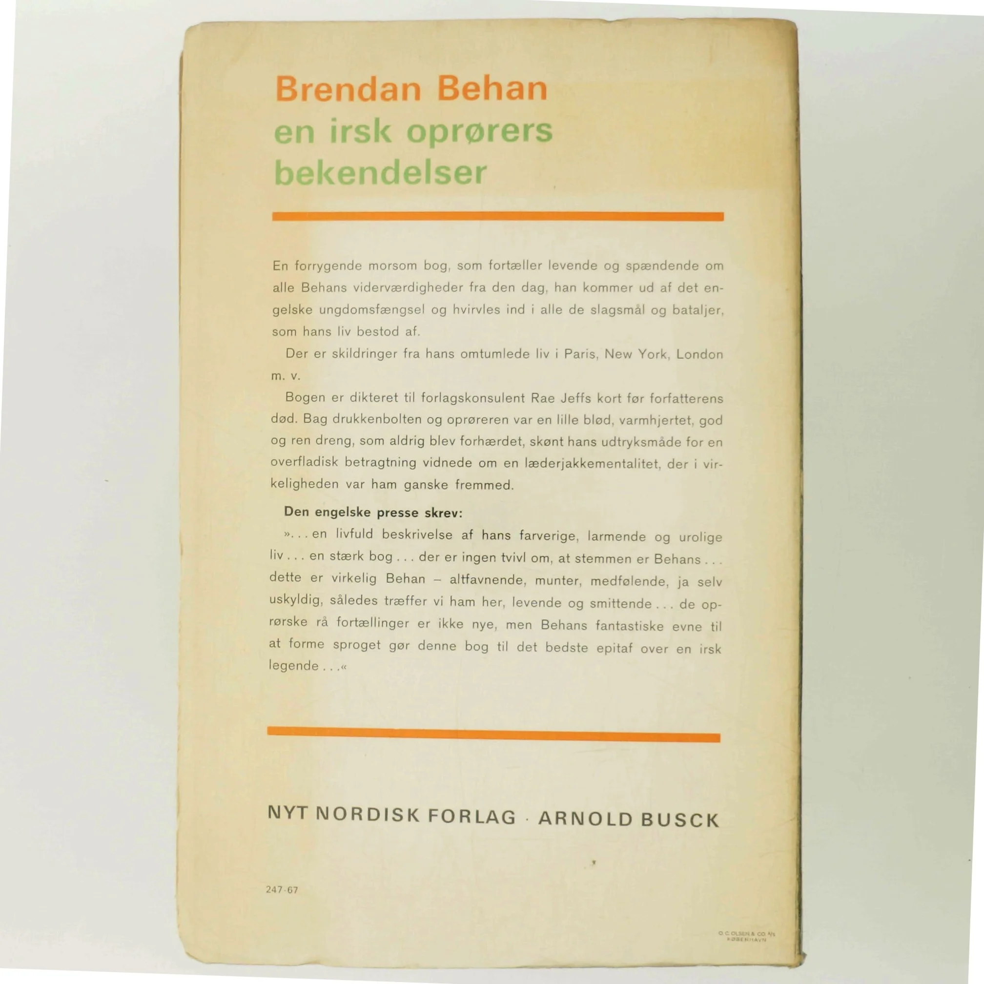 En irsk oprørers bekendelser af Brendan Behan (Bog)