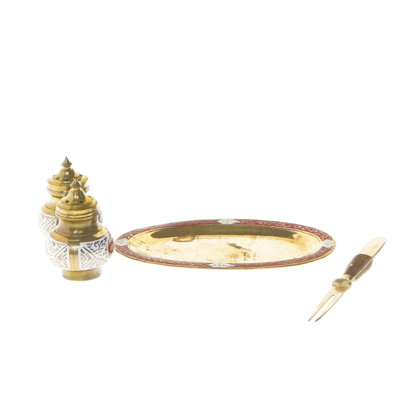 Metal bakke med små beholdere og gaffel (str. 12x8 og 6 og 11 cm)