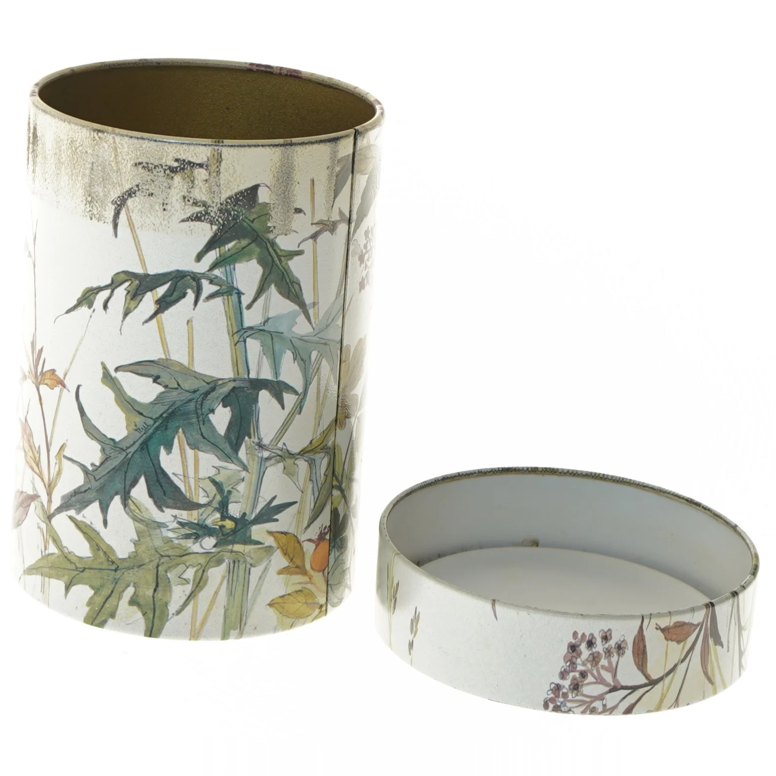 Vintage metal opbevarings dåse med floralt design (str. Ø 11 cm længde 15,5 cm)