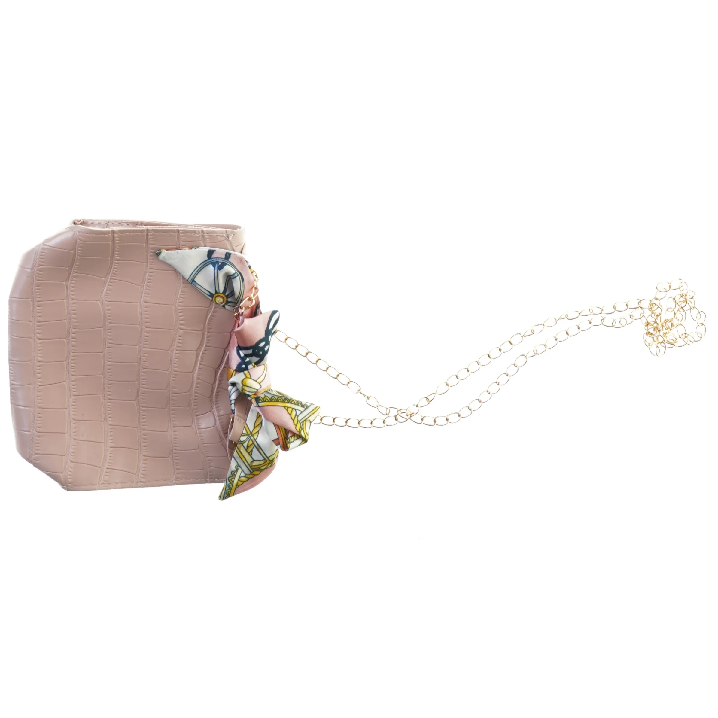 UBRUGT Krokopræget Crossbody Skulder Taske med tørklæde og guld kæderem (str. 18 x 16 cm)