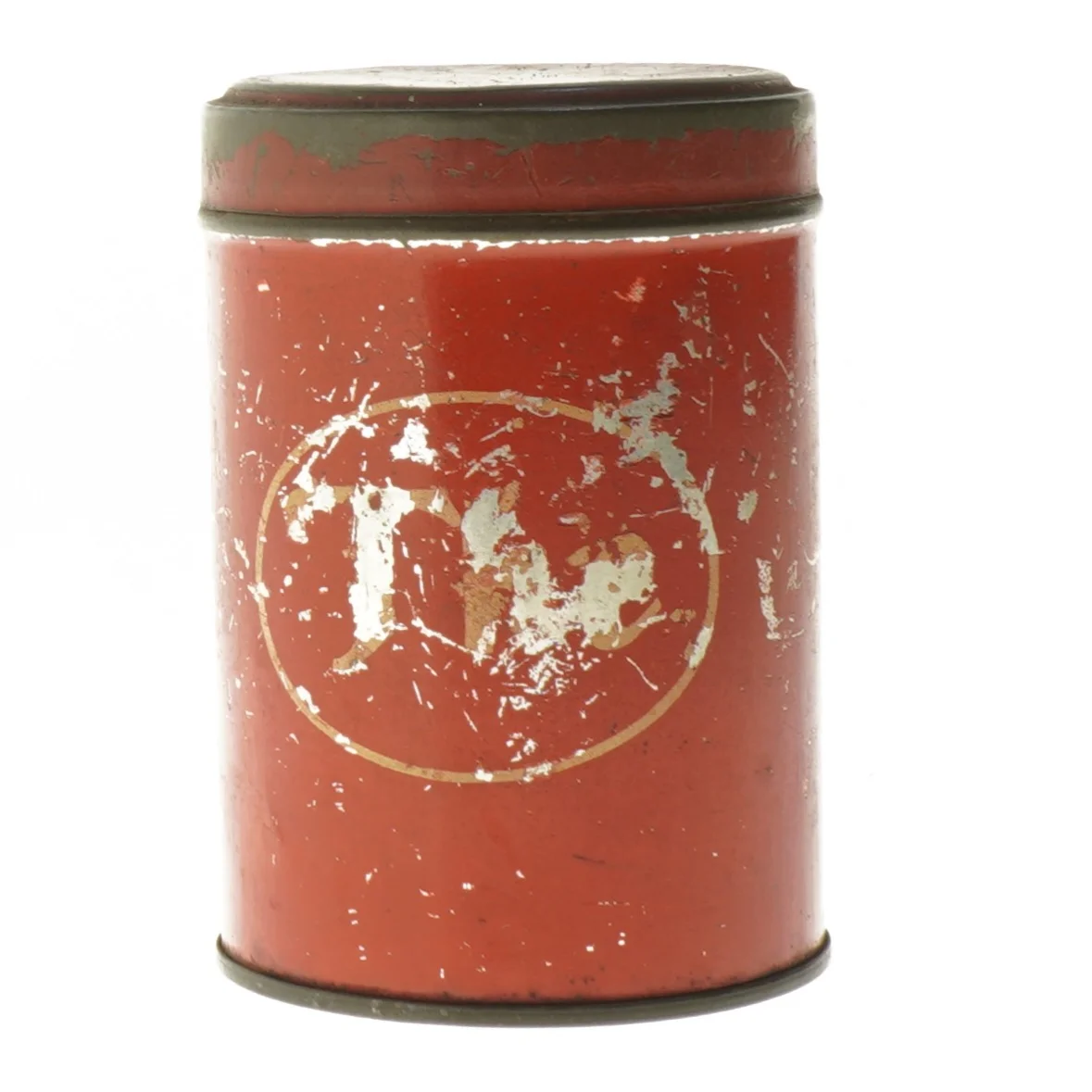 Rund rød The metaldåse med låg (str. Ø 9,5 cm længde 13,5 cm)
