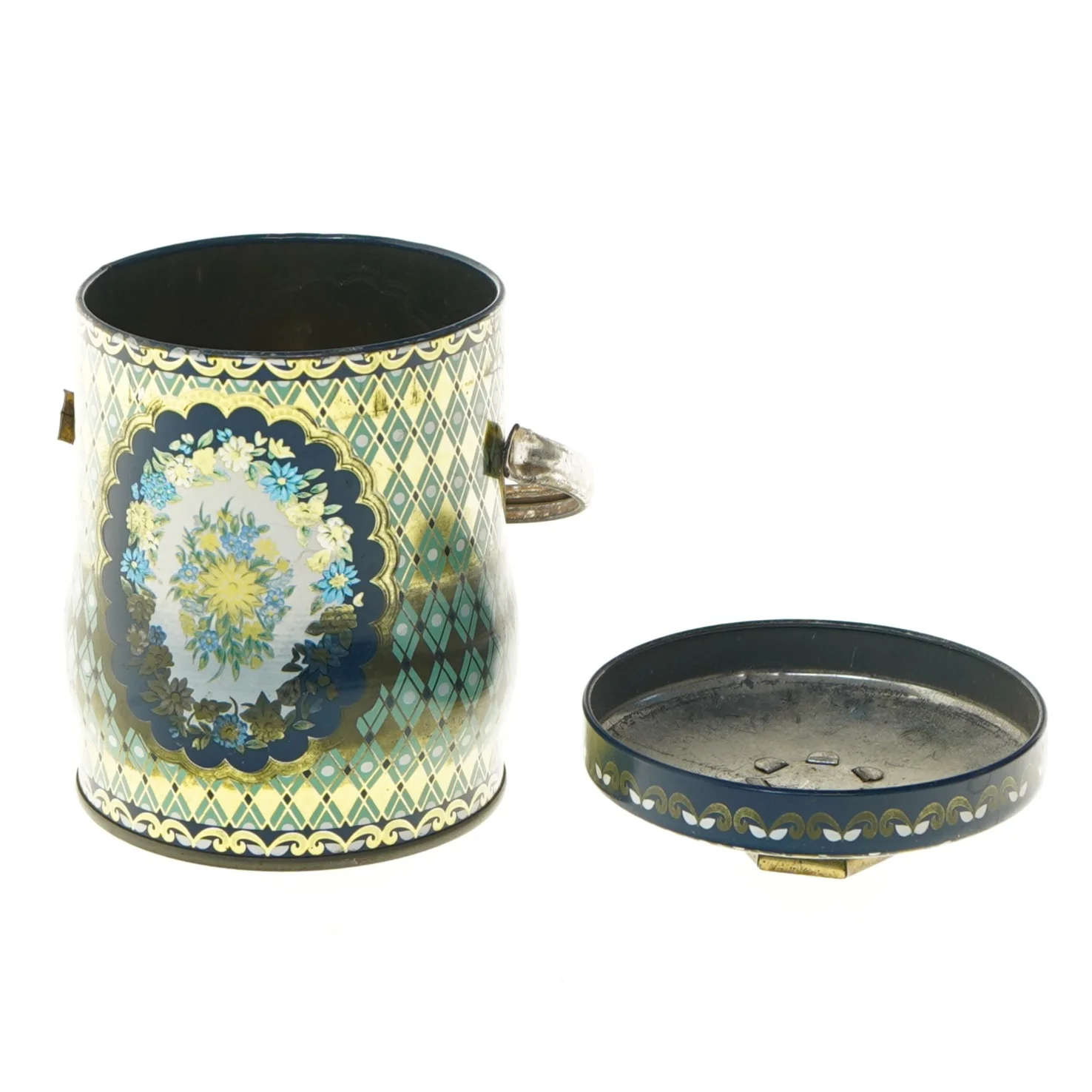 Antik blik dåse med låg (str. Ø 9 cm længde 11 cm)