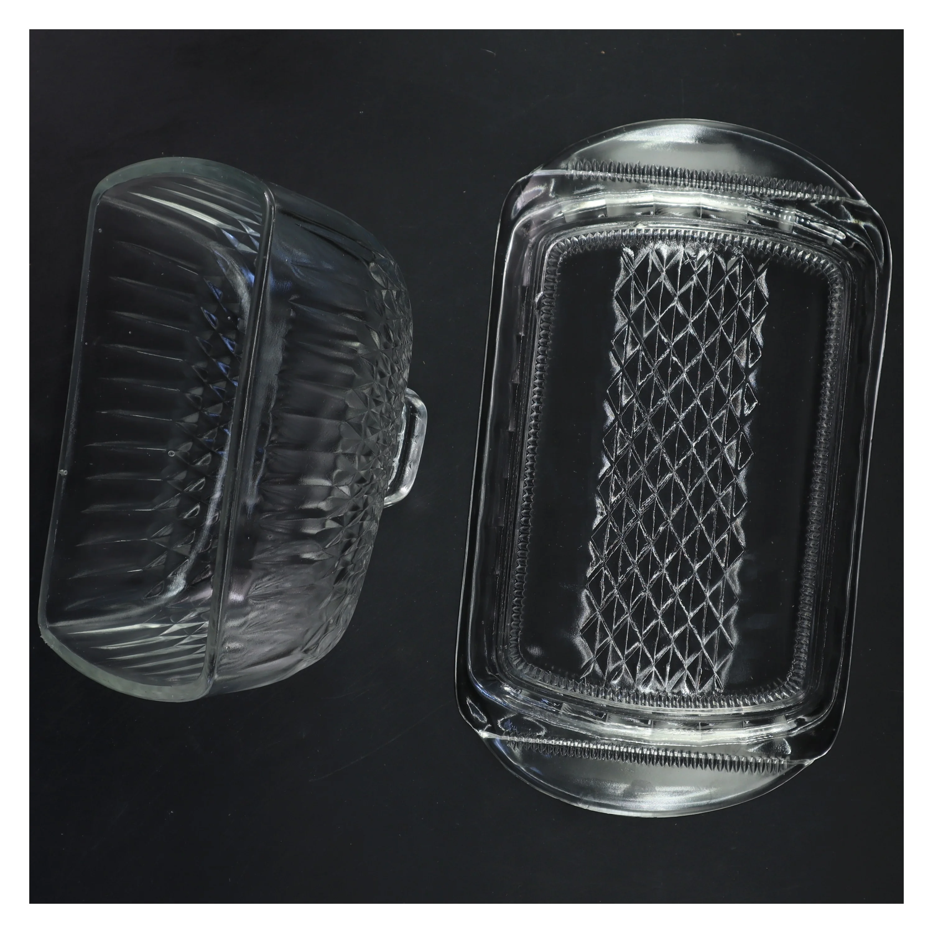 Vintage Glas Smørskål med låg (str. 27x15&19x12x12 cm)